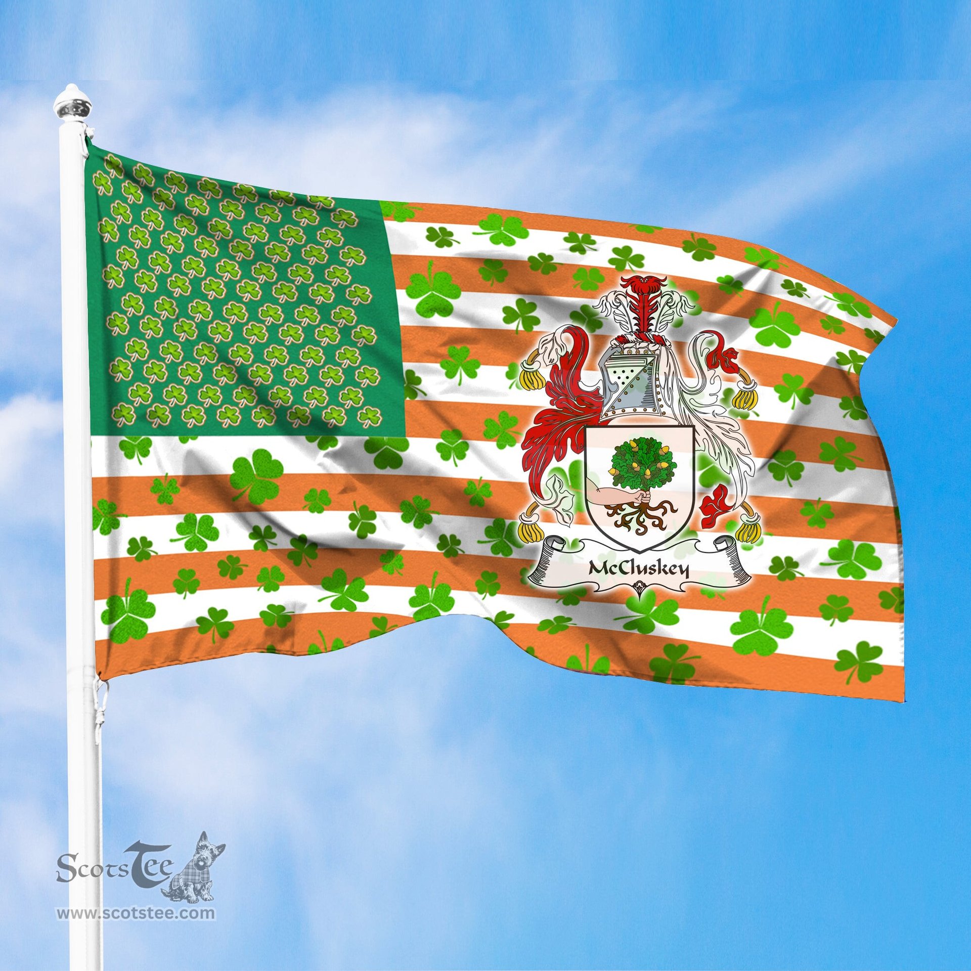 ScotsTee Shop Irish McCluskey Coat of Arms Irish Family Crest Flag Shamrock American Irish Flag
