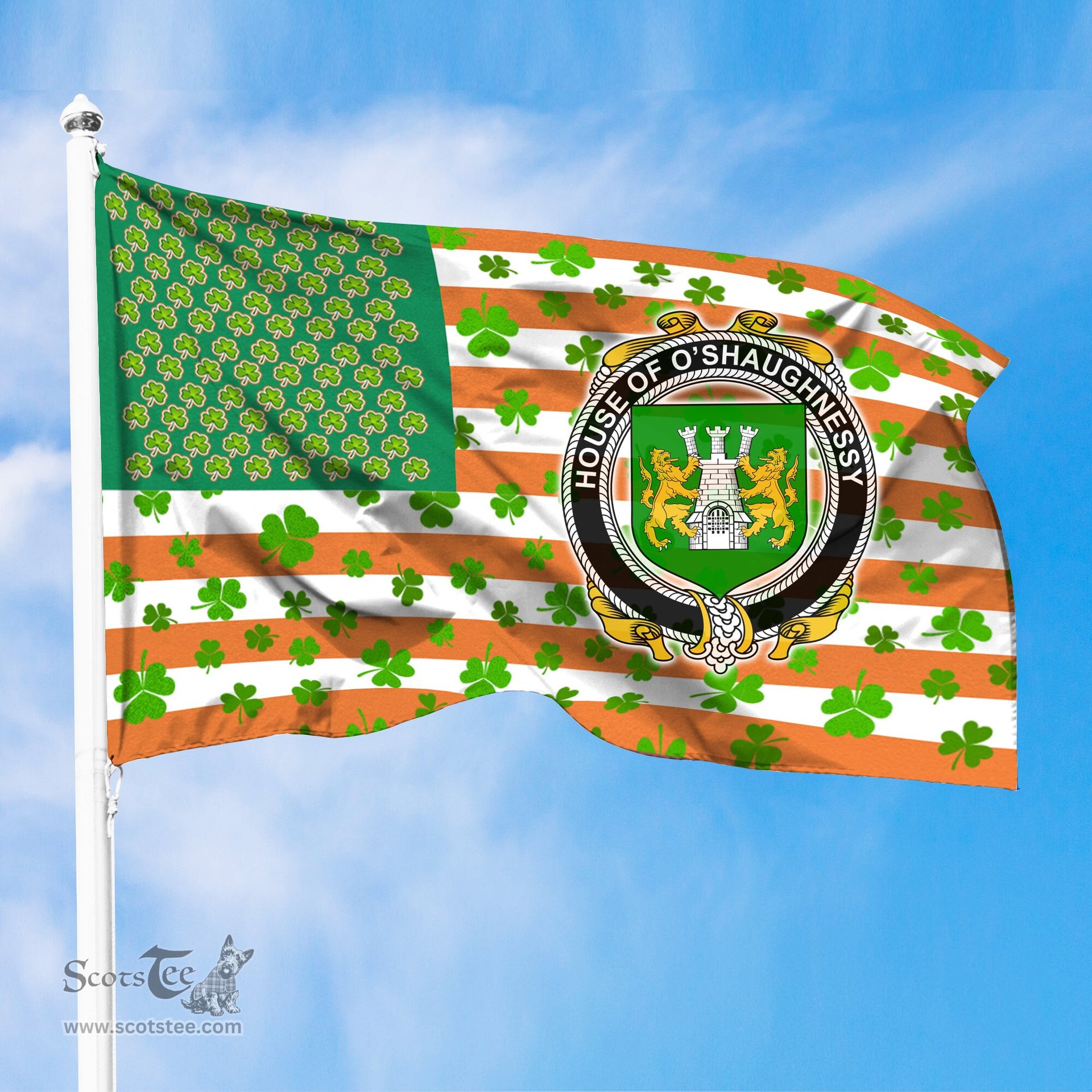 ScotsTee Shop Irish House of O SHAUGNESSY Coat of Arms Irish Family Crest Flag Shamrock American Irish Flag
