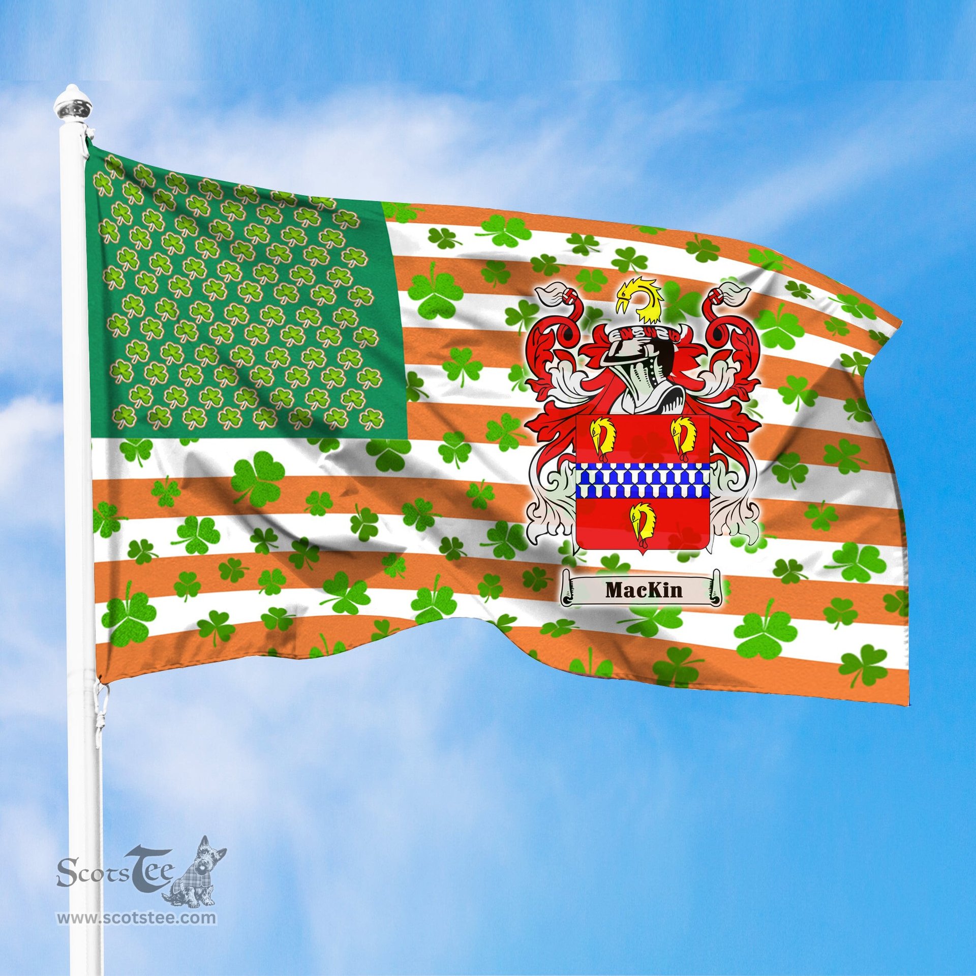 ScotsTee Shop Irish Mackin Coat of Arms Irish Family Crest Flag Shamrock American Irish Flag