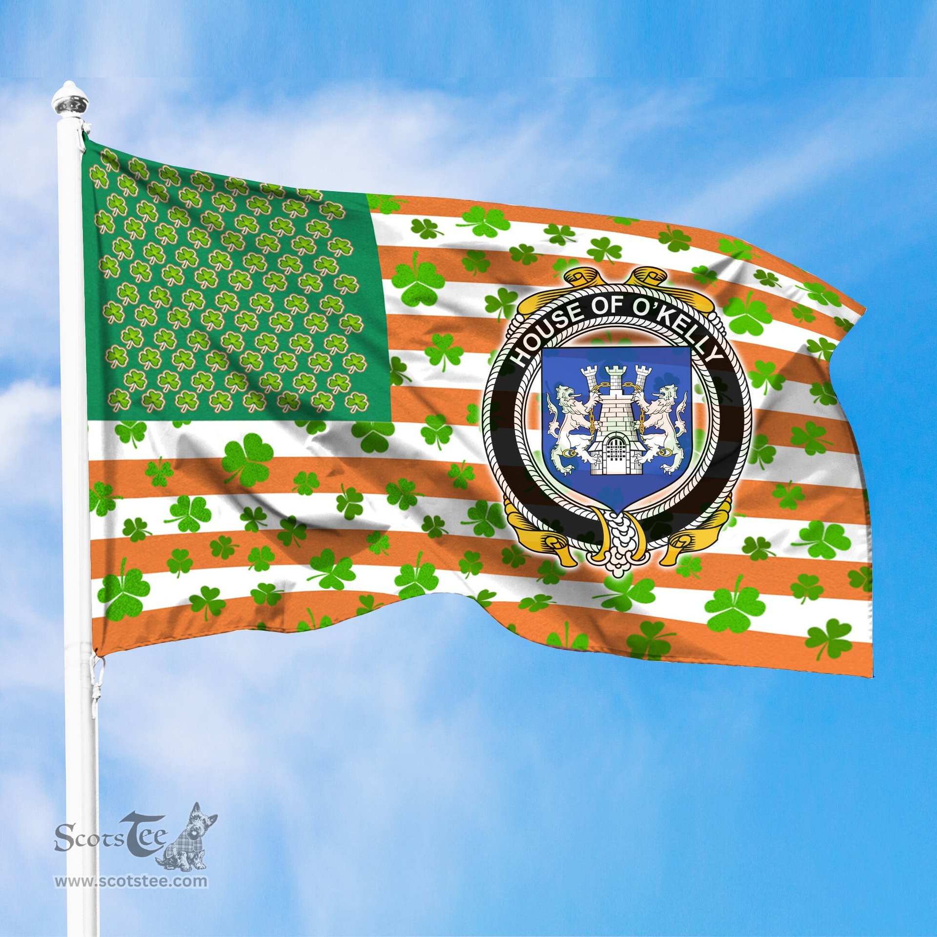 ScotsTee Shop Irish House of O KELLY Coat of Arms Irish Family Crest Flag Shamrock American Irish Flag