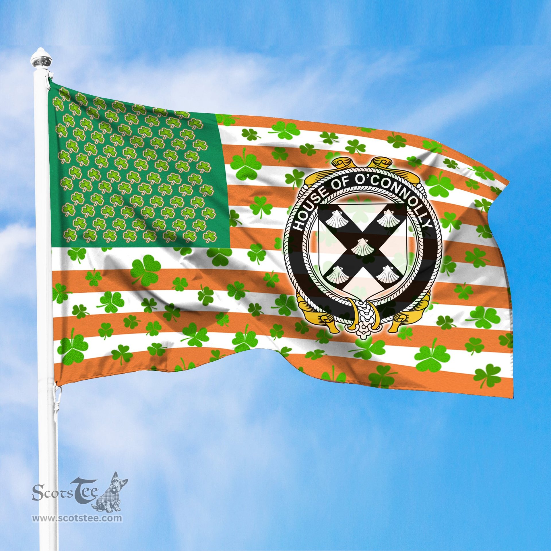 ScotsTee Shop Irish House of O CONNOLLY Coat of Arms Irish Family Crest Flag Shamrock American Irish Flag