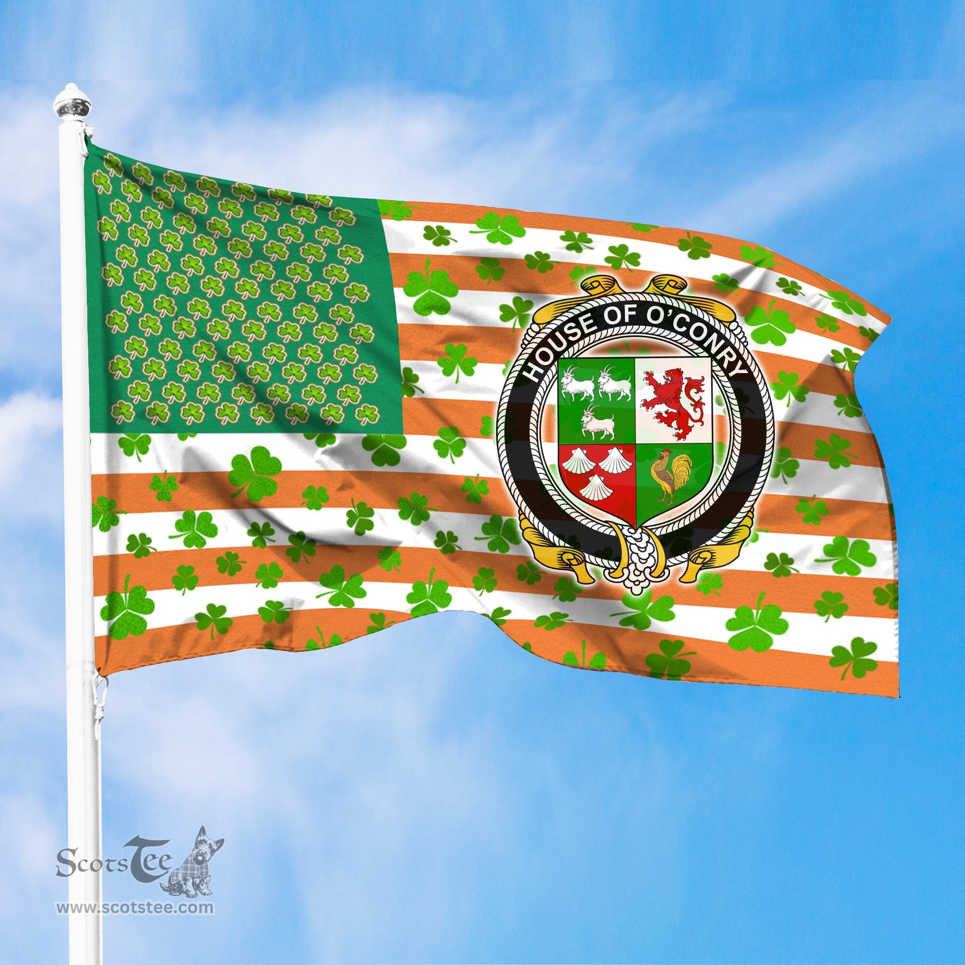 ScotsTee Shop Irish House of O CONRY Coat of Arms Irish Family Crest Flag Shamrock American Irish Flag