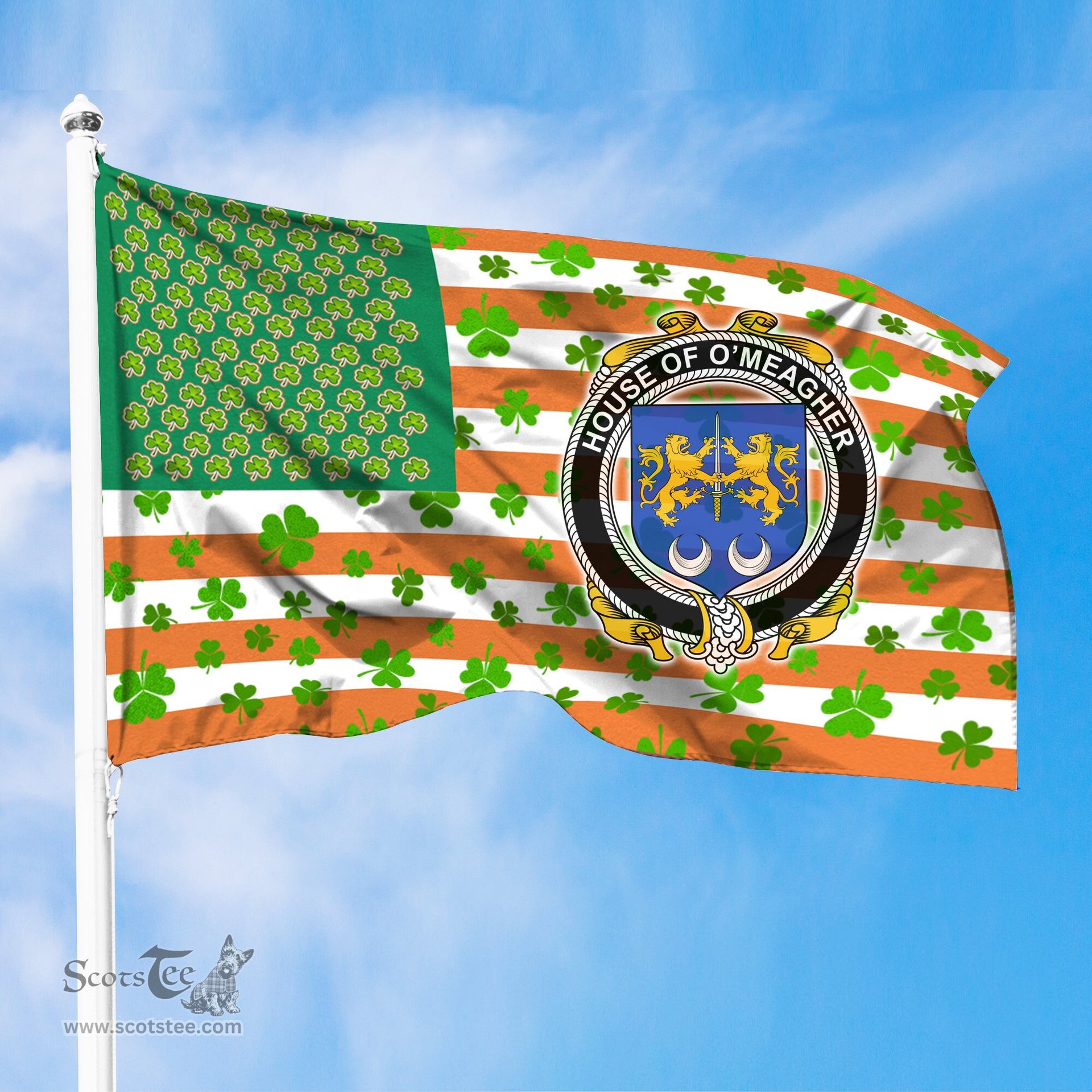 ScotsTee Shop Irish House of O MEAGHER Coat of Arms Irish Family Crest Flag Shamrock American Irish Flag