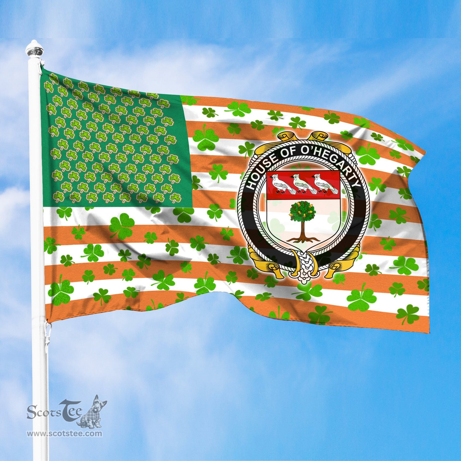 ScotsTee Shop Irish House of O HEGARTY Coat of Arms Irish Family Crest Flag Shamrock American Irish Flag