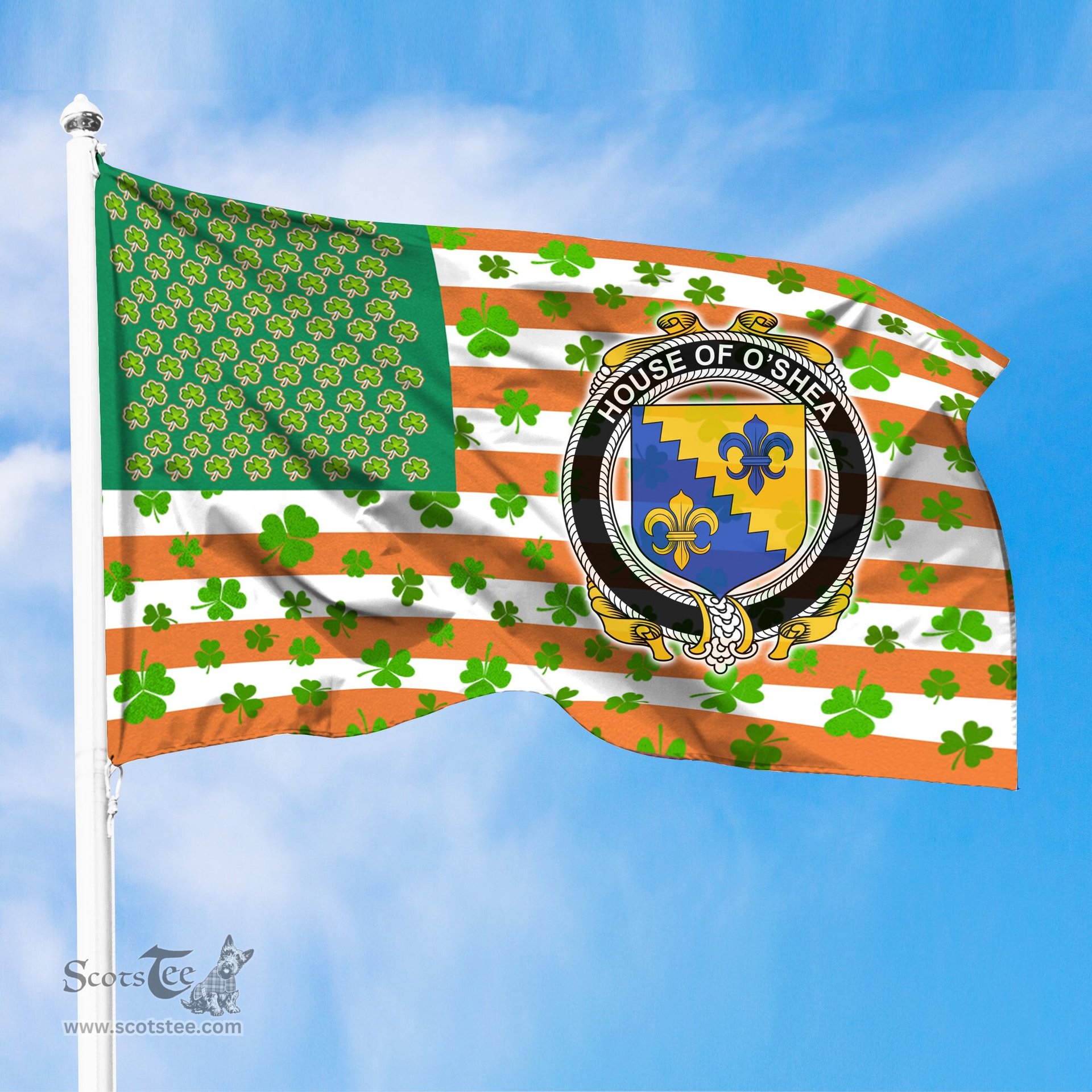ScotsTee Shop Irish House of O SHEA Coat of Arms Irish Family Crest Flag Shamrock American Irish Flag