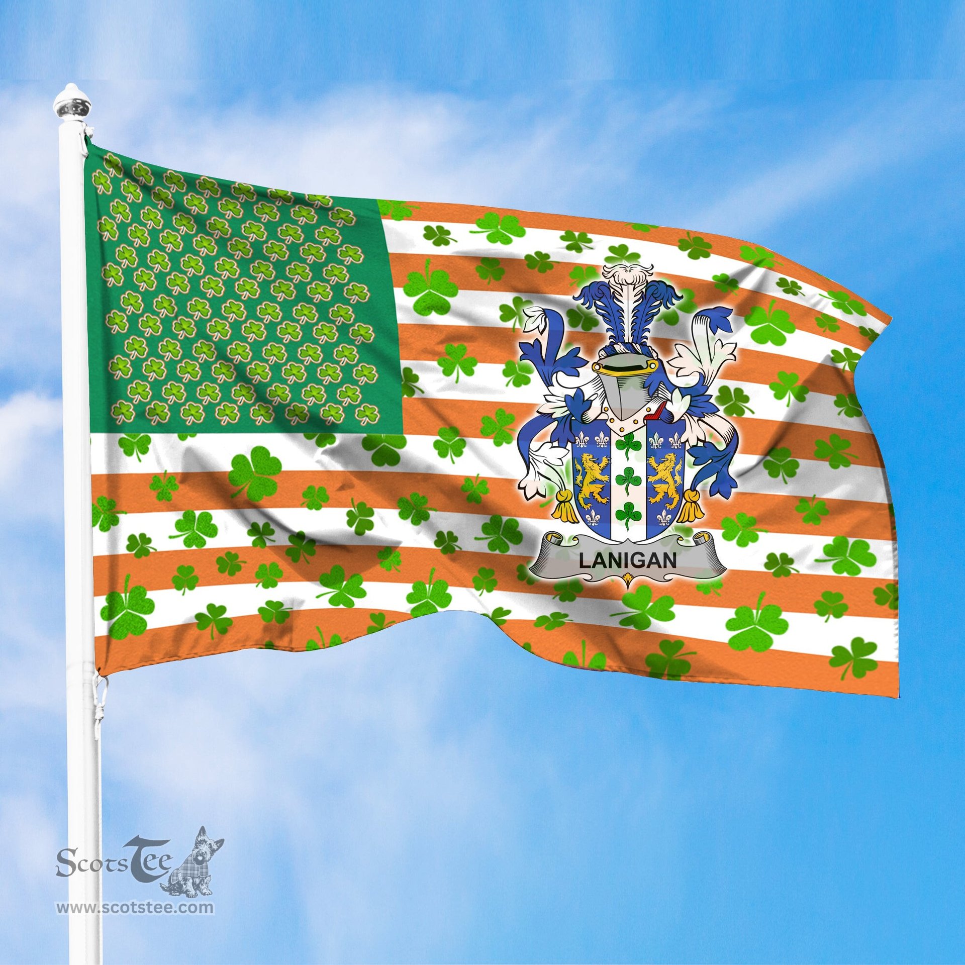 ScotsTee Shop Irish Lanigan or O Lenigan Coat of Arms Irish Family Crest Flag Shamrock American Irish Flag