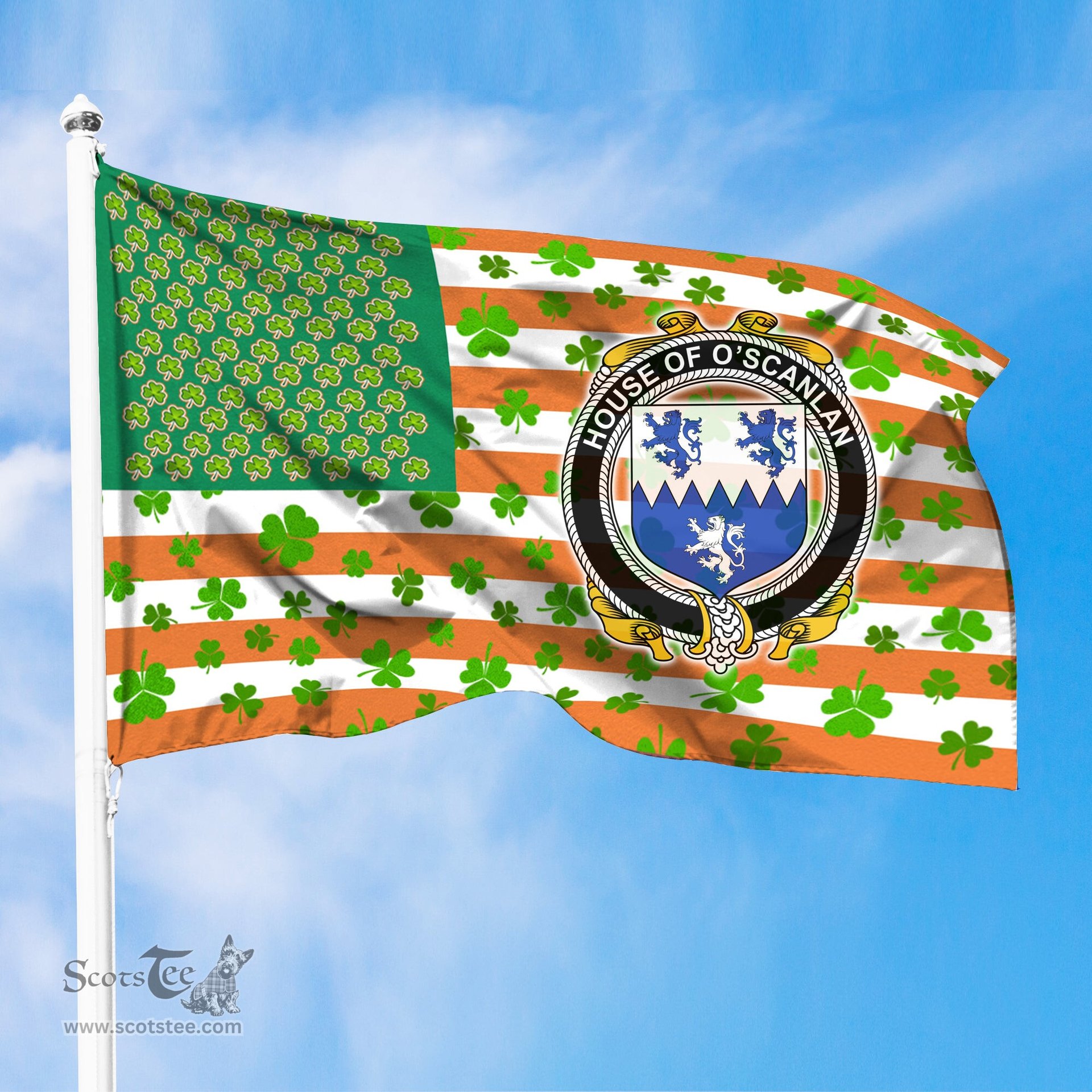 ScotsTee Shop Irish House of O SCANLAN (Munster) Coat of Arms Irish Family Crest Flag Shamrock American Irish Flag