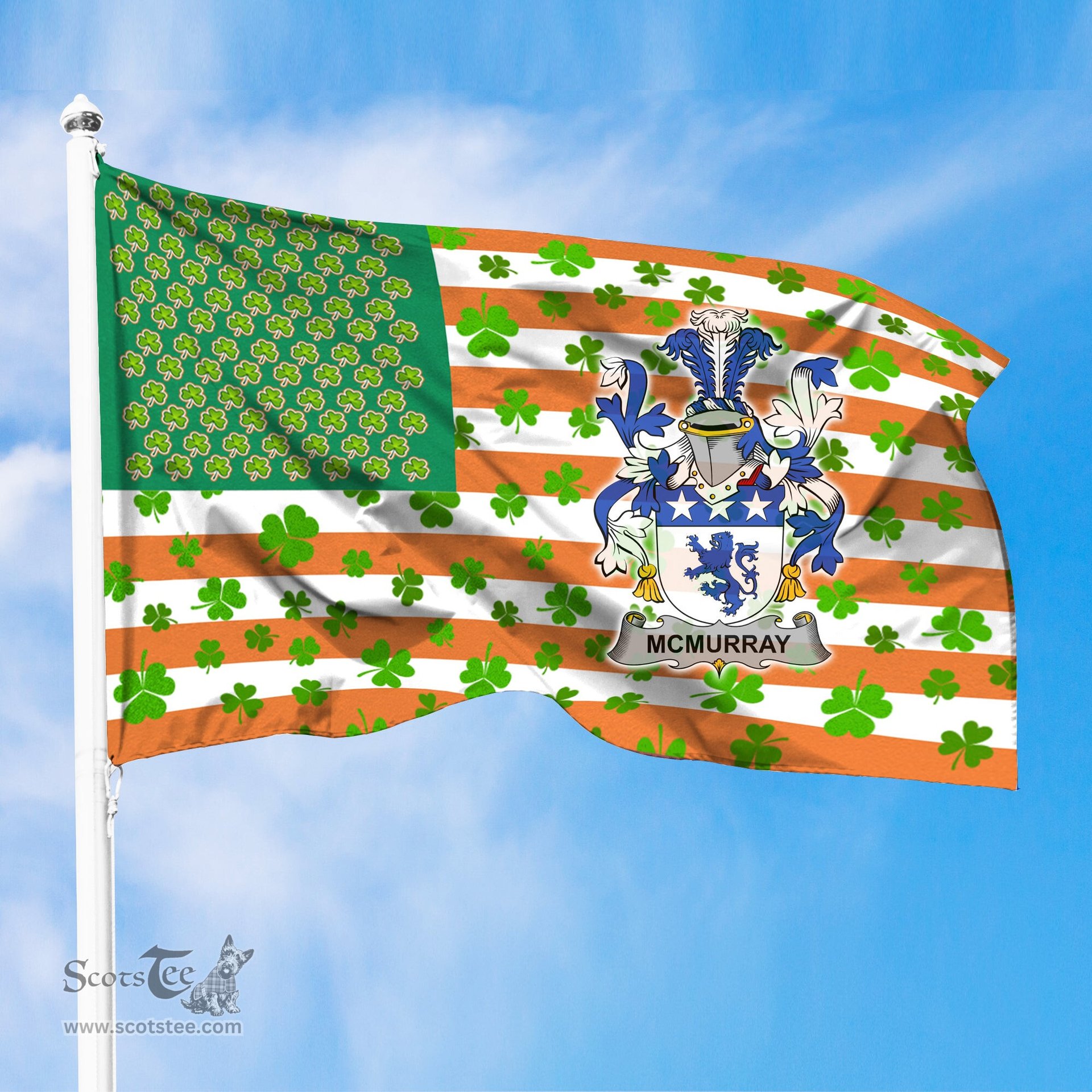 ScotsTee Shop Irish McMurray Coat of Arms Irish Family Crest Flag Shamrock American Irish Flag