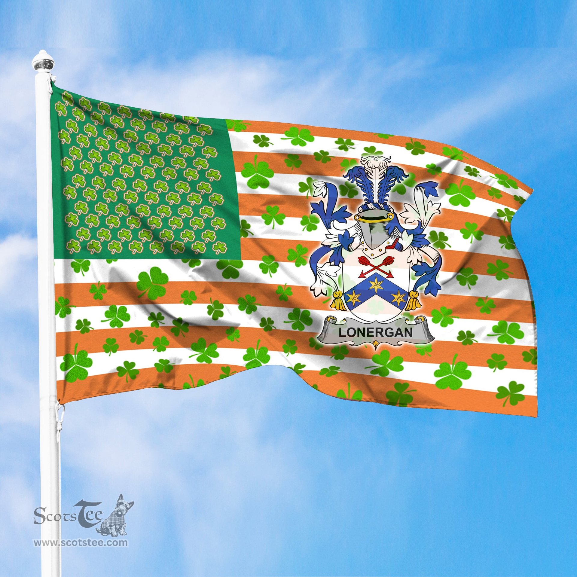 ScotsTee Shop Irish Lonergan or O Lonergan Coat of Arms Irish Family Crest Flag Shamrock American Irish Flag
