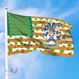 ScotsTee Shop Irish Lonergan or O Lonergan Coat of Arms Irish Family Crest Flag Shamrock American Irish Flag