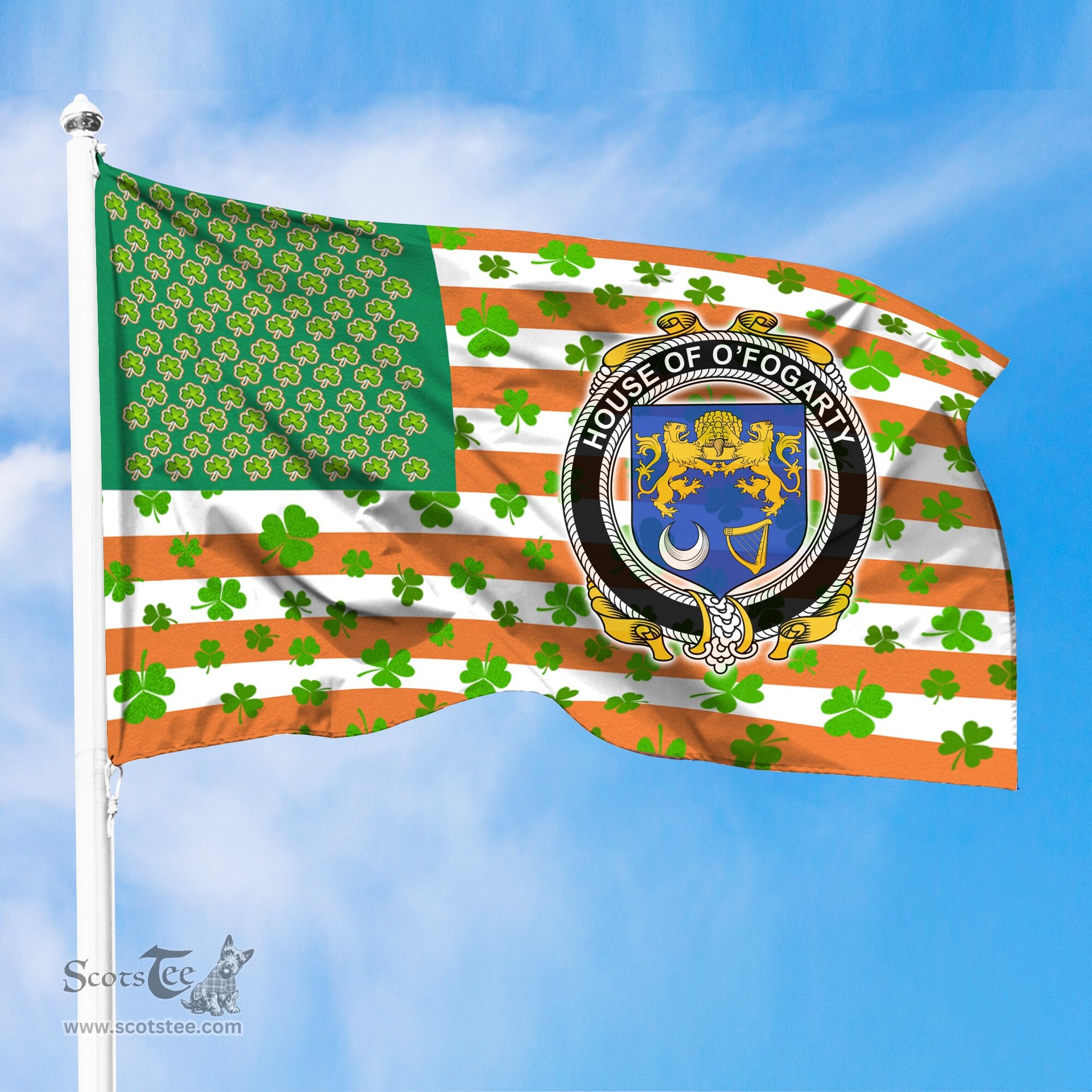 ScotsTee Shop Irish House of O FOGARTY Coat of Arms Irish Family Crest Flag Shamrock American Irish Flag