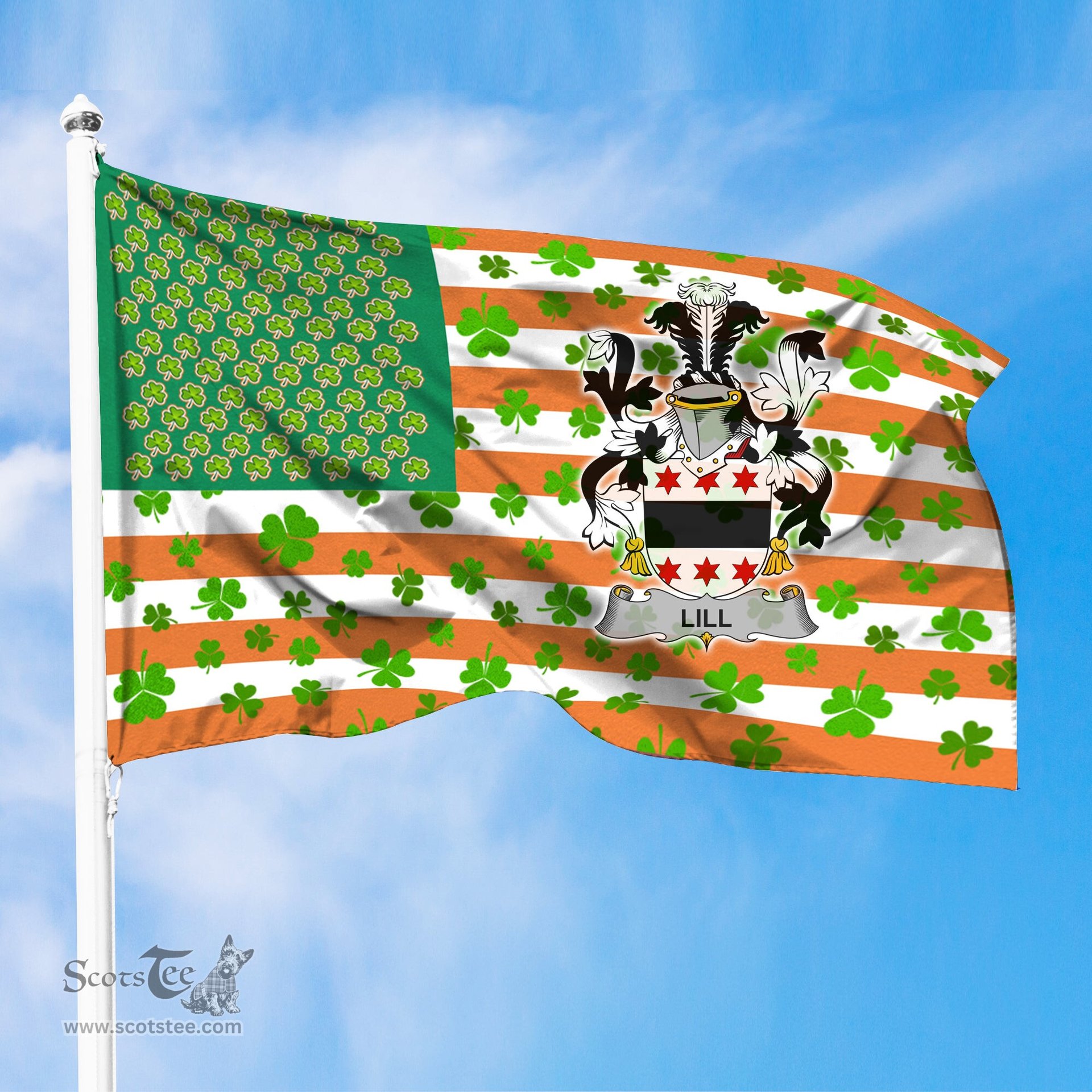 ScotsTee Shop Irish Lill Coat of Arms Irish Family Crest Flag Shamrock American Irish Flag