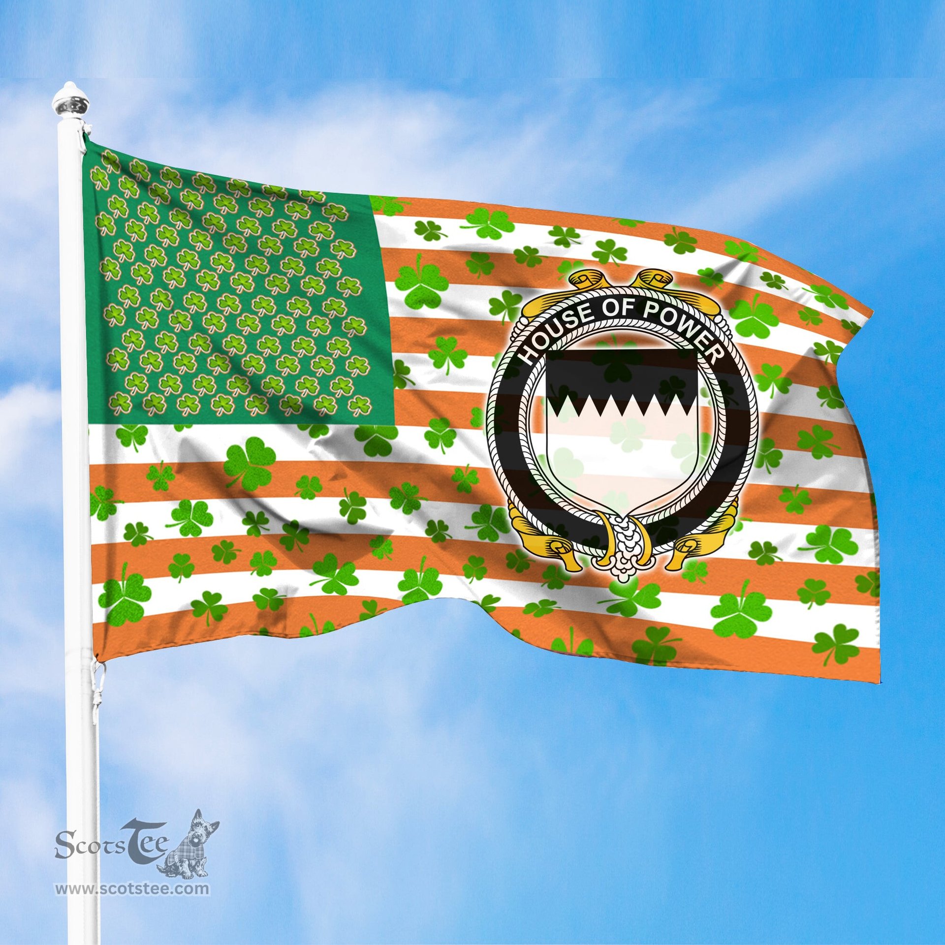 ScotsTee Shop Irish House of POWER Coat of Arms Irish Family Crest Flag Shamrock American Irish Flag