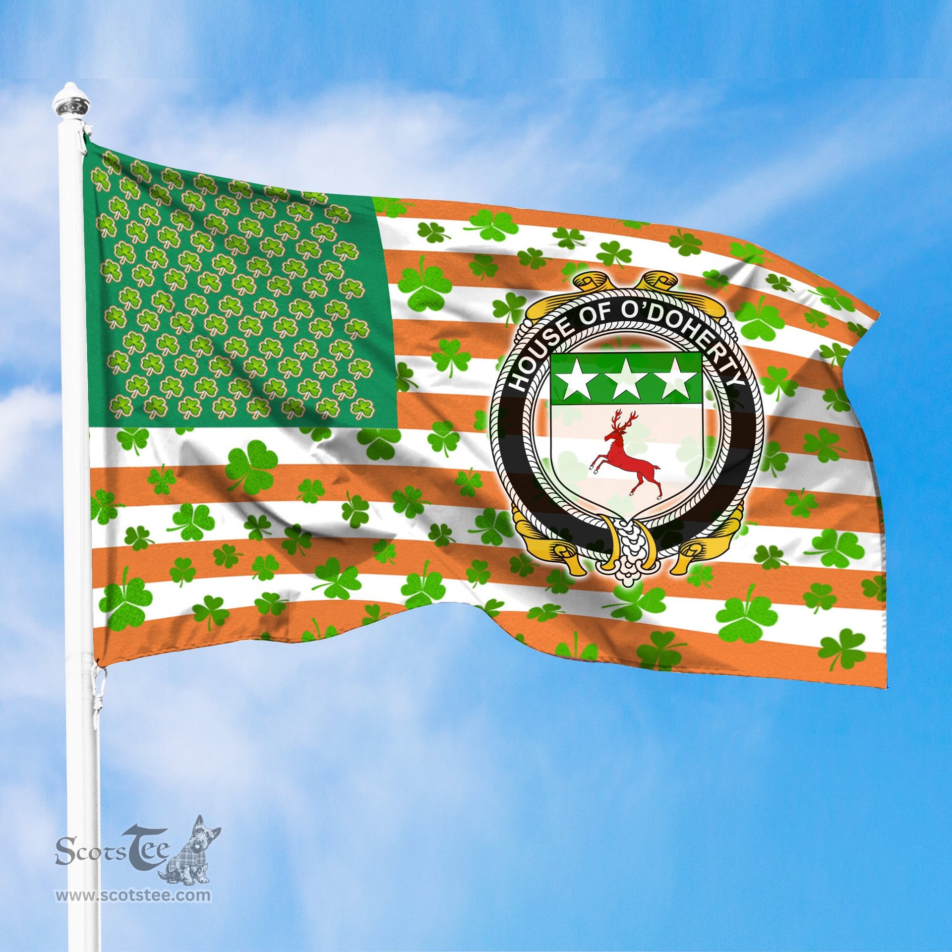 ScotsTee Shop Irish House of O DOHERTY Coat of Arms Irish Family Crest Flag Shamrock American Irish Flag