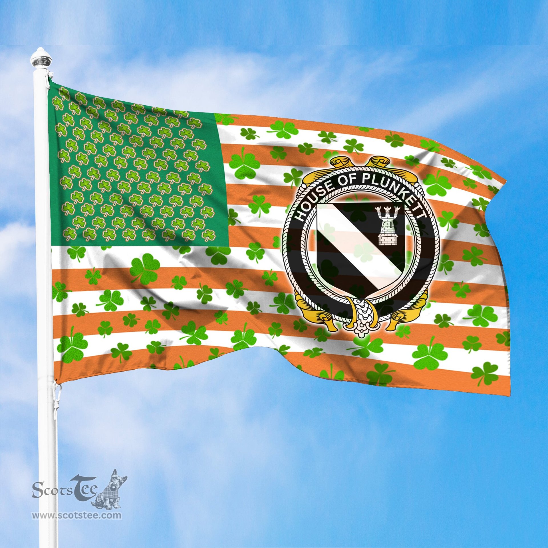 ScotsTee Shop Irish House of PLUNKETT Coat of Arms Irish Family Crest Flag Shamrock American Irish Flag