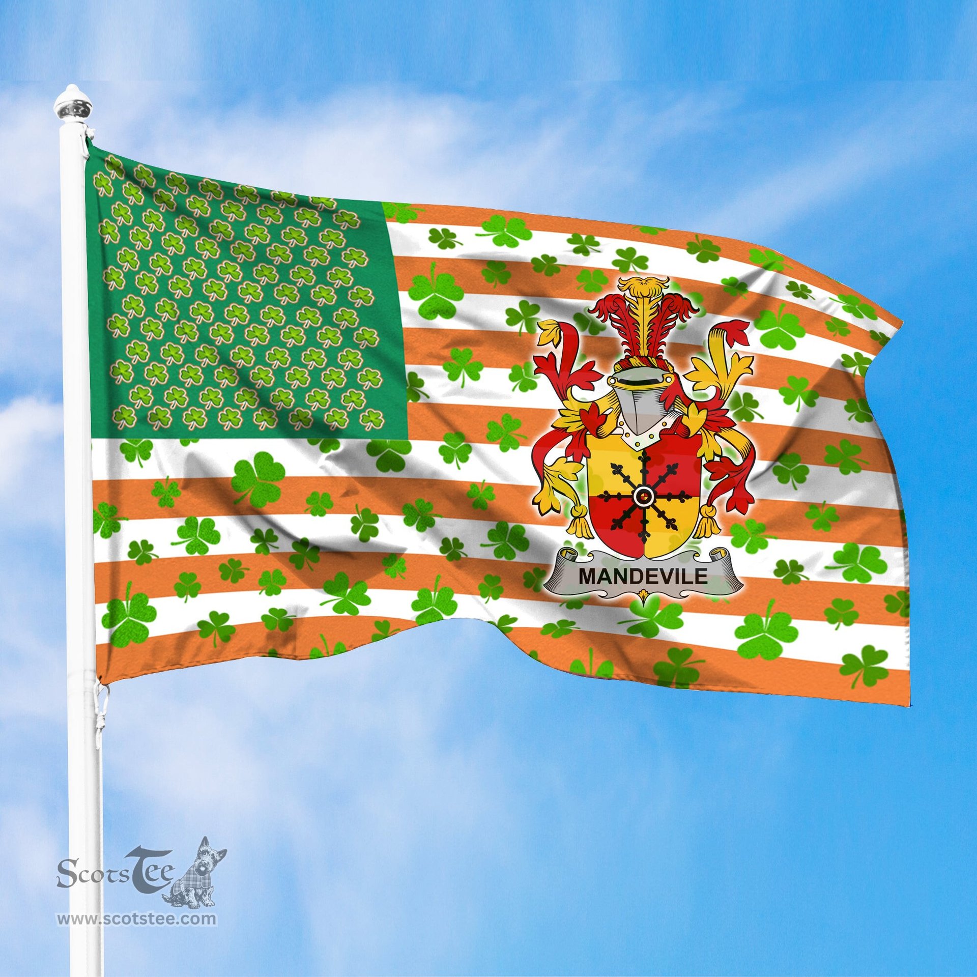 ScotsTee Shop Irish Mandevile Coat of Arms Irish Family Crest Flag Shamrock American Irish Flag