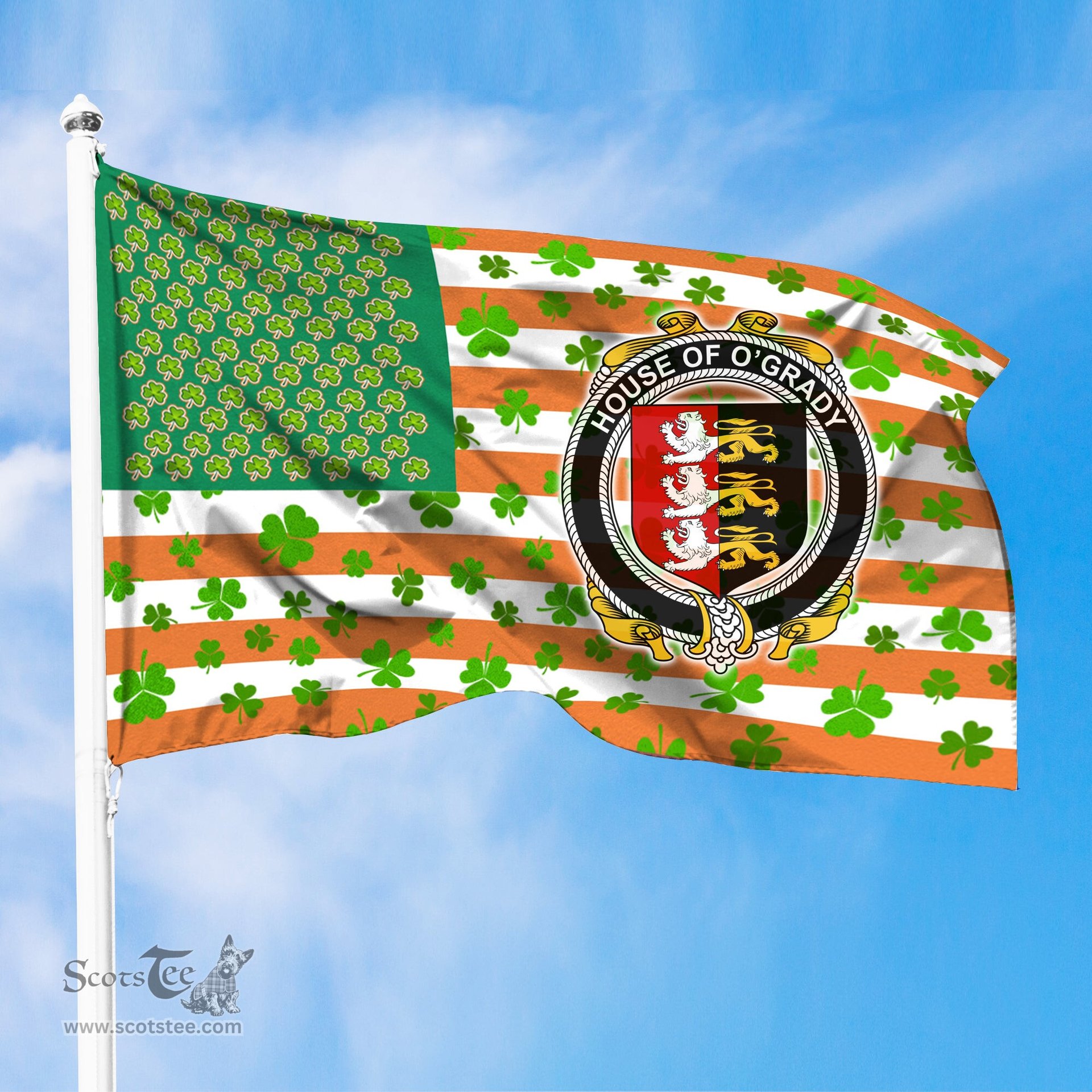 ScotsTee Shop Irish House of O GRADY Coat of Arms Irish Family Crest Flag Shamrock American Irish Flag