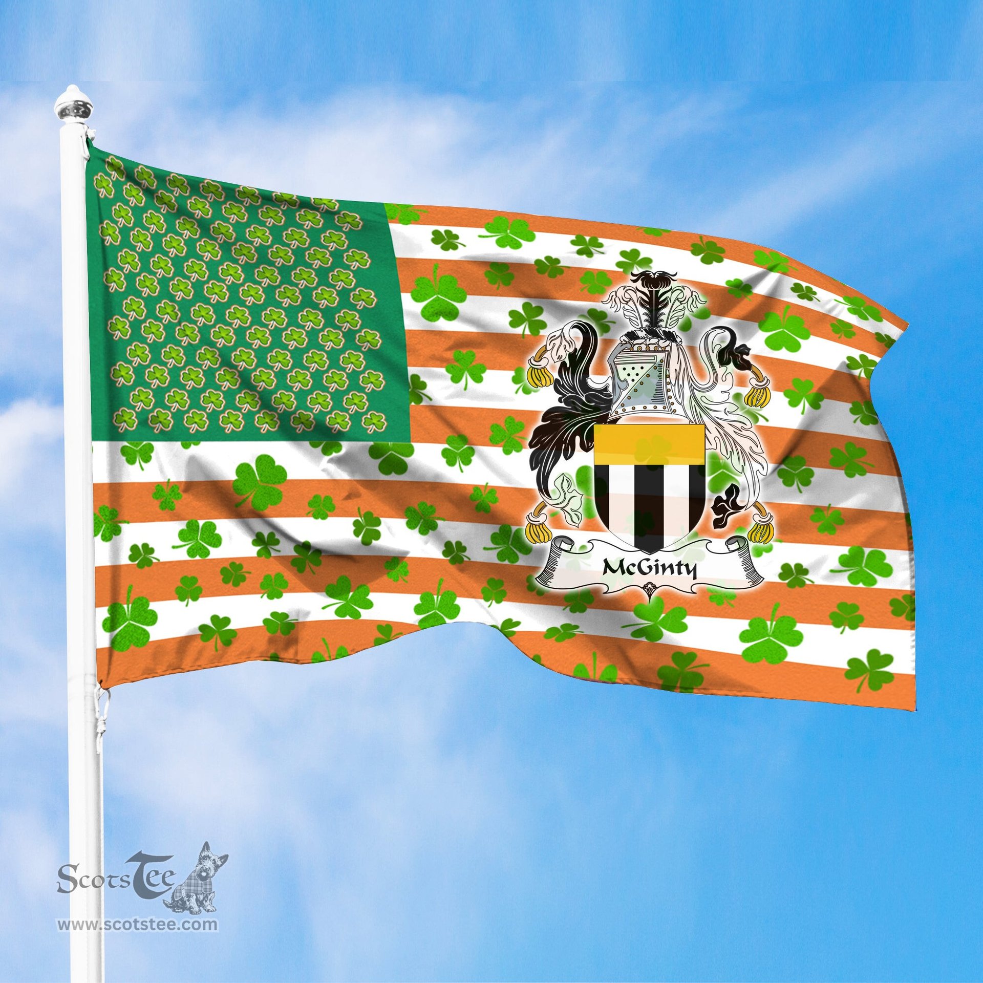ScotsTee Shop Irish McGinty Coat of Arms Irish Family Crest Flag Shamrock American Irish Flag
