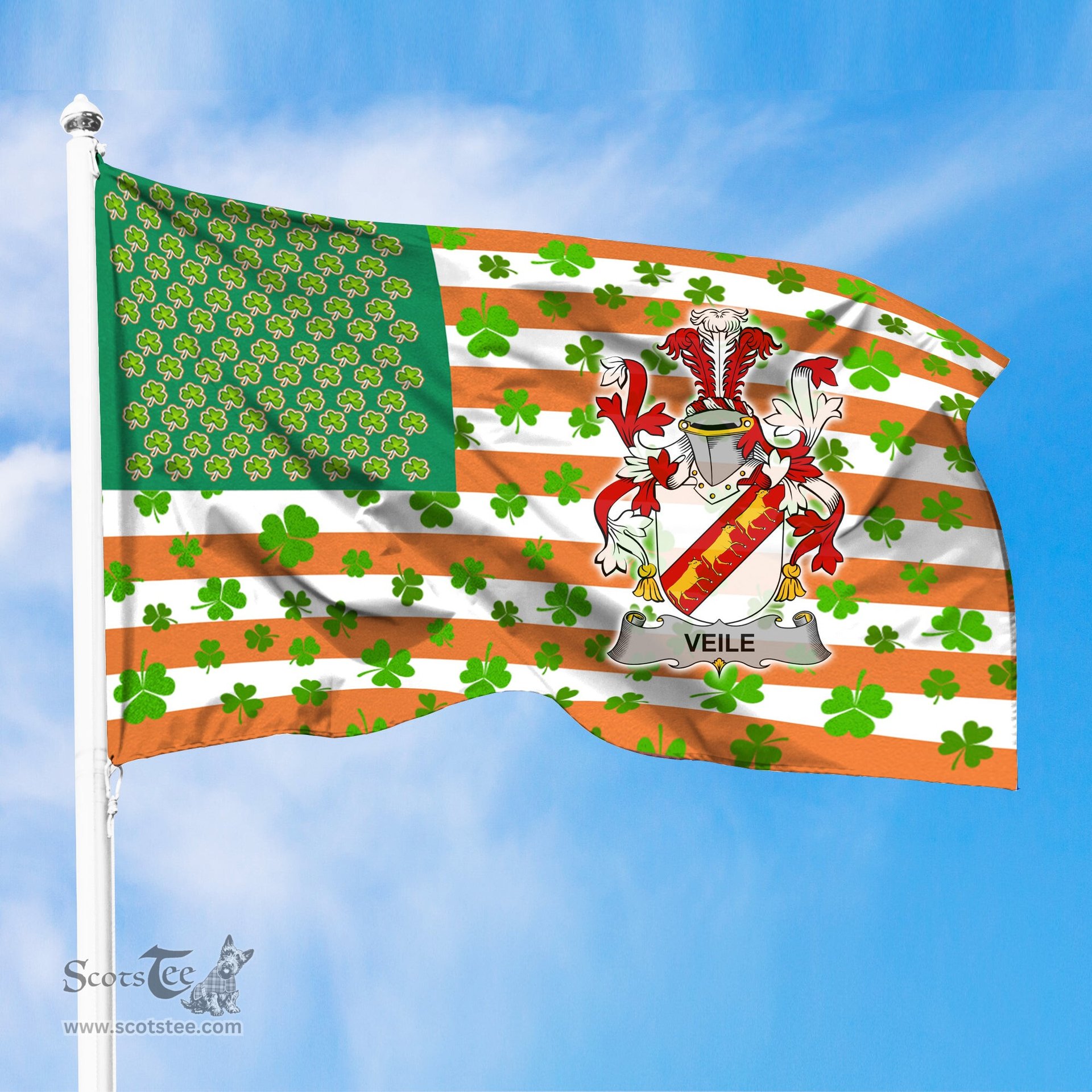 ScotsTee Shop Irish Veile or Veale Coat of Arms Irish Family Crest Flag Shamrock American Irish Flag
