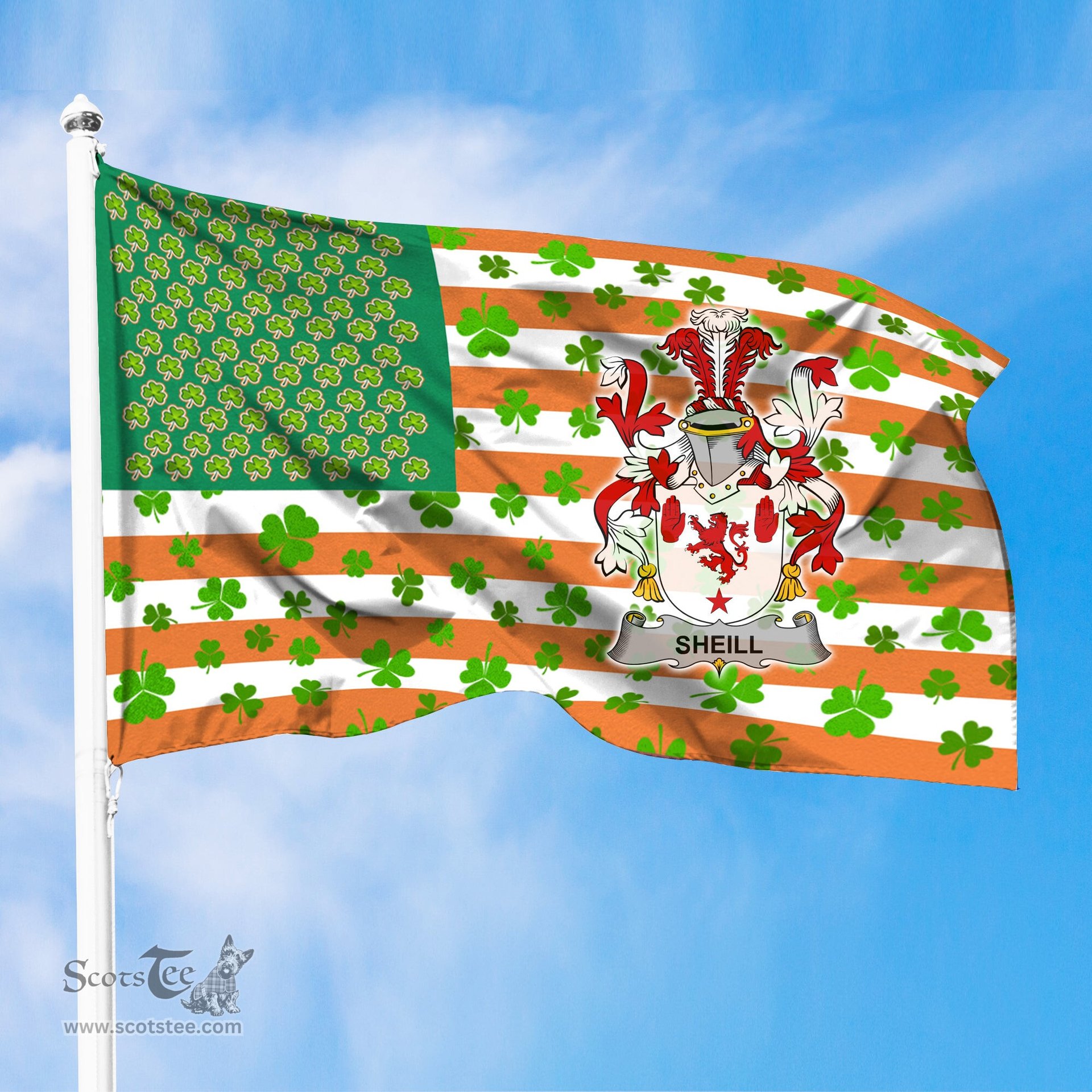 ScotsTee Shop Irish Sheill or O Sheil Coat of Arms Irish Family Crest Flag Shamrock American Irish Flag