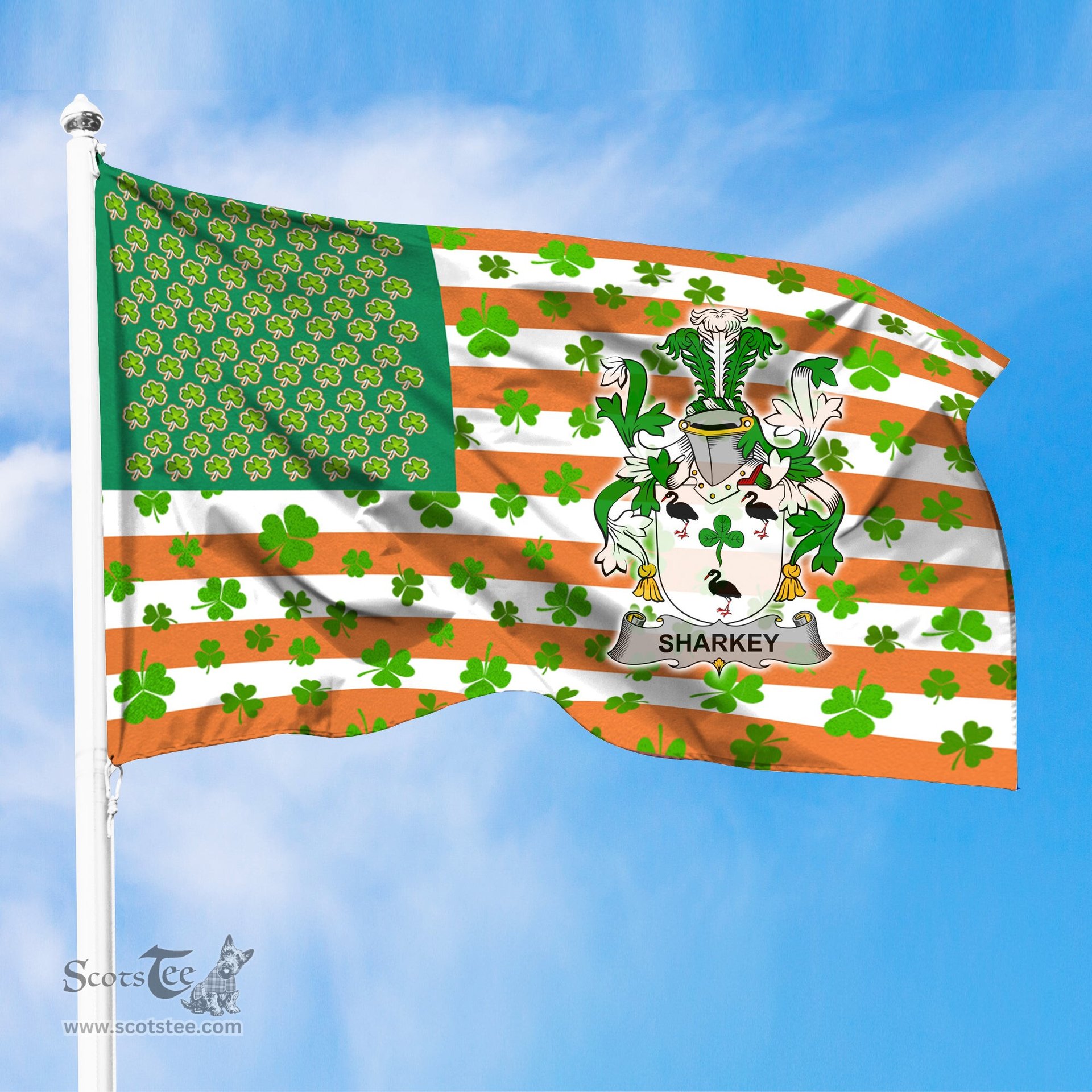 ScotsTee Shop Irish Sharkey or O Sharkey Coat of Arms Irish Family Crest Flag Shamrock American Irish Flag