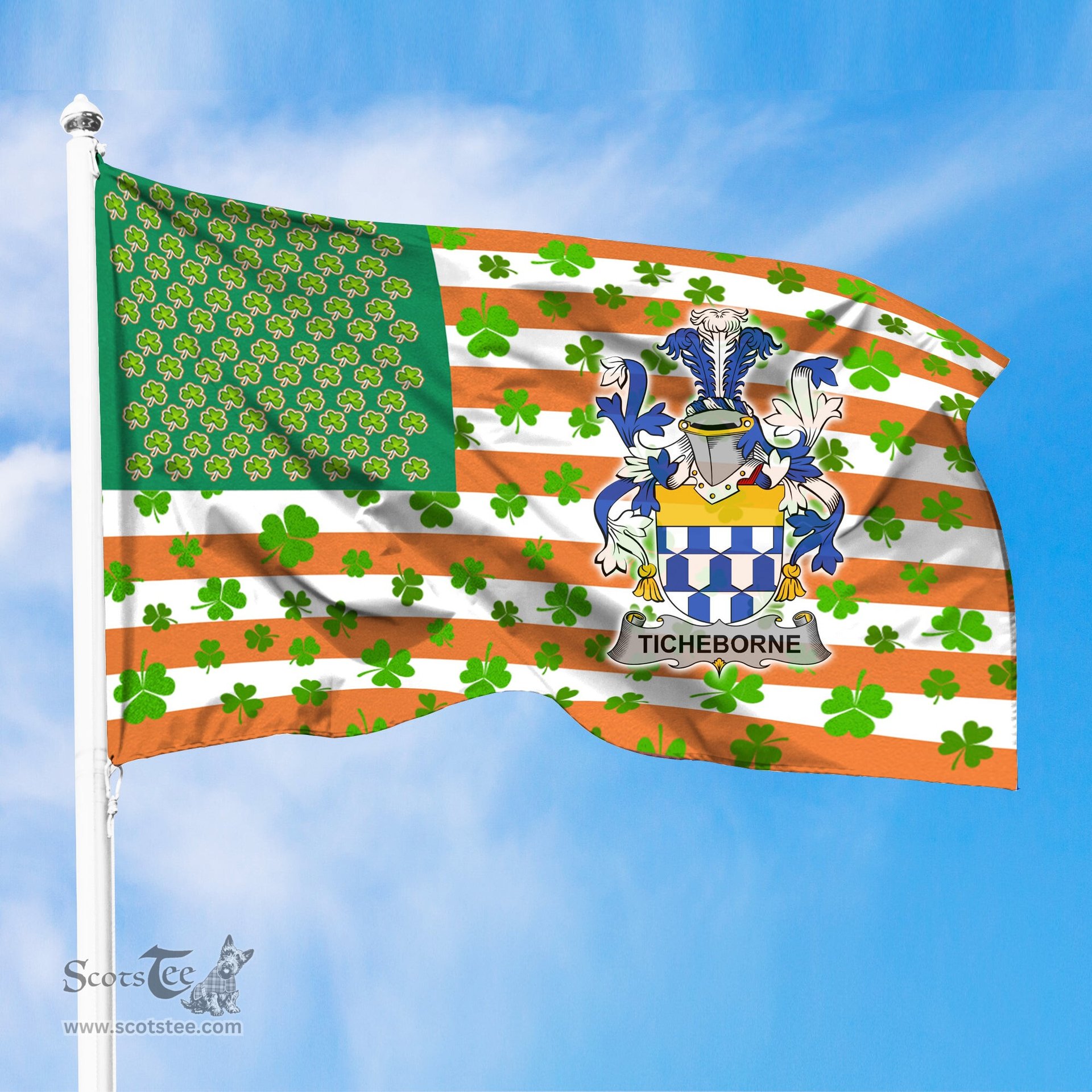 ScotsTee Shop Irish Ticheborne Coat of Arms Irish Family Crest Flag Shamrock American Irish Flag