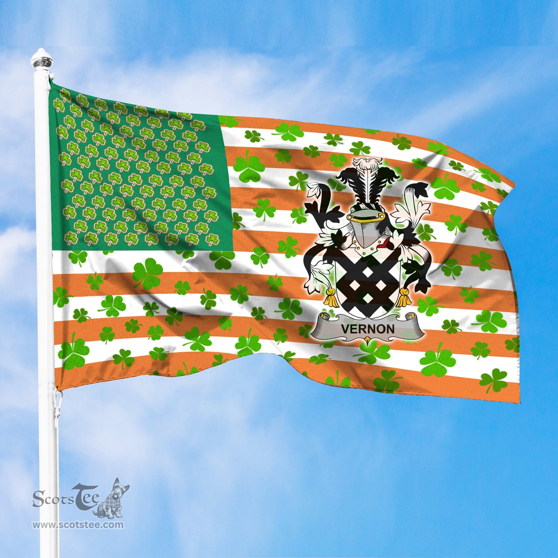 ScotsTee Shop Irish Vernon Coat of Arms Irish Family Crest Flag Shamrock American Irish Flag