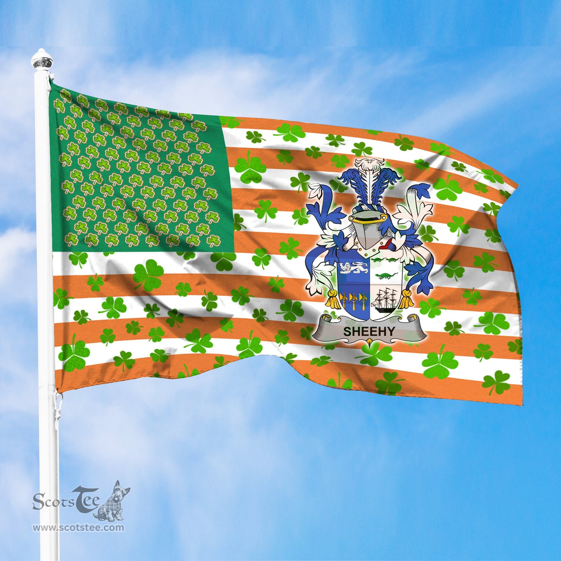 ScotsTee Shop Irish Sheehy or McSheehy Coat of Arms Irish Family Crest Flag Shamrock American Irish Flag