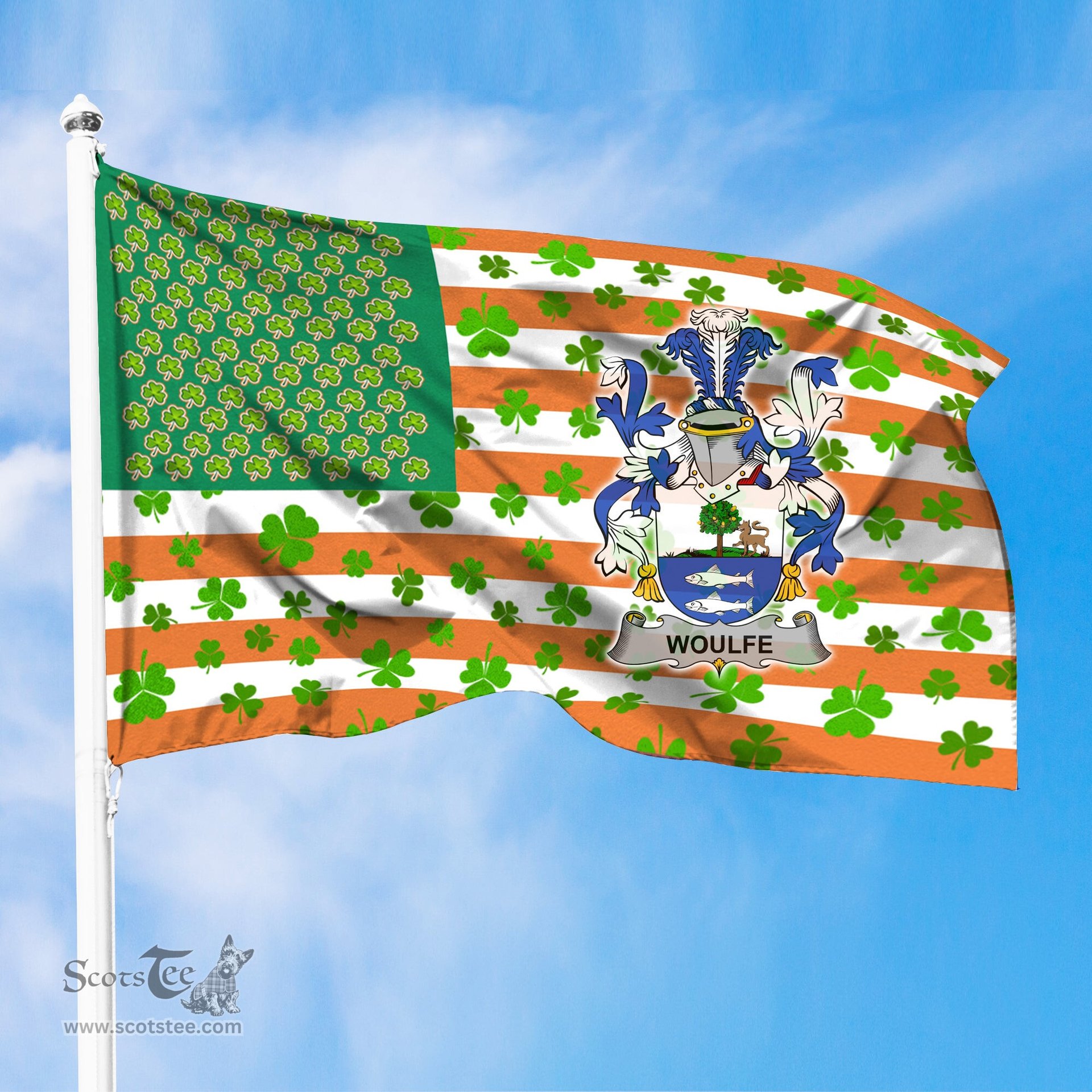 ScotsTee Shop Irish Woulfe Coat of Arms Irish Family Crest Flag Shamrock American Irish Flag