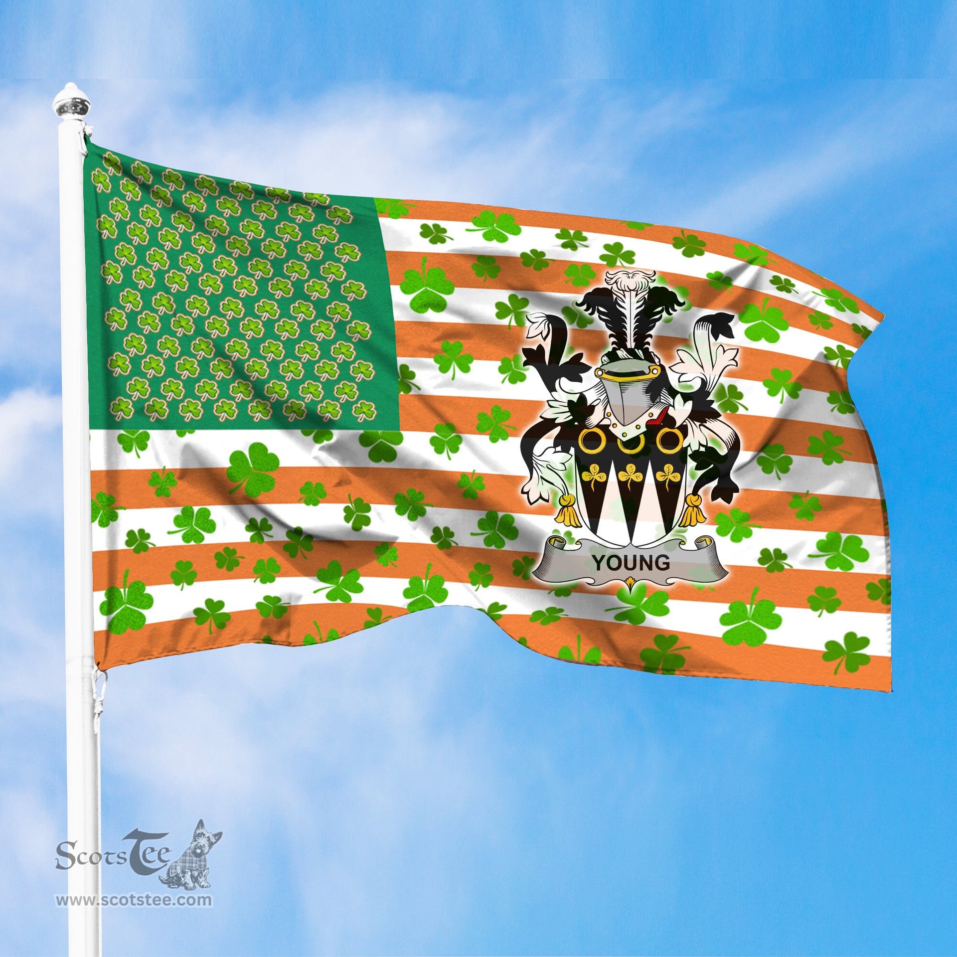 ScotsTee Shop Irish Young Coat of Arms Irish Family Crest Flag Shamrock American Irish Flag