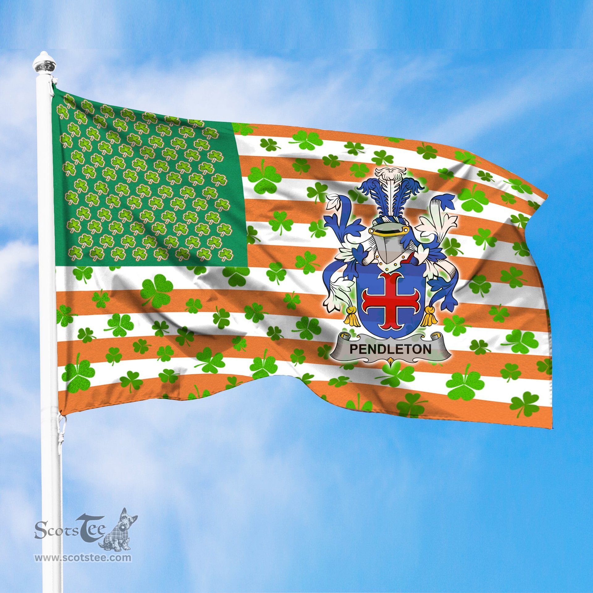 ScotsTee Shop Irish Pendleton Coat of Arms Irish Family Crest Flag Shamrock American Irish Flag