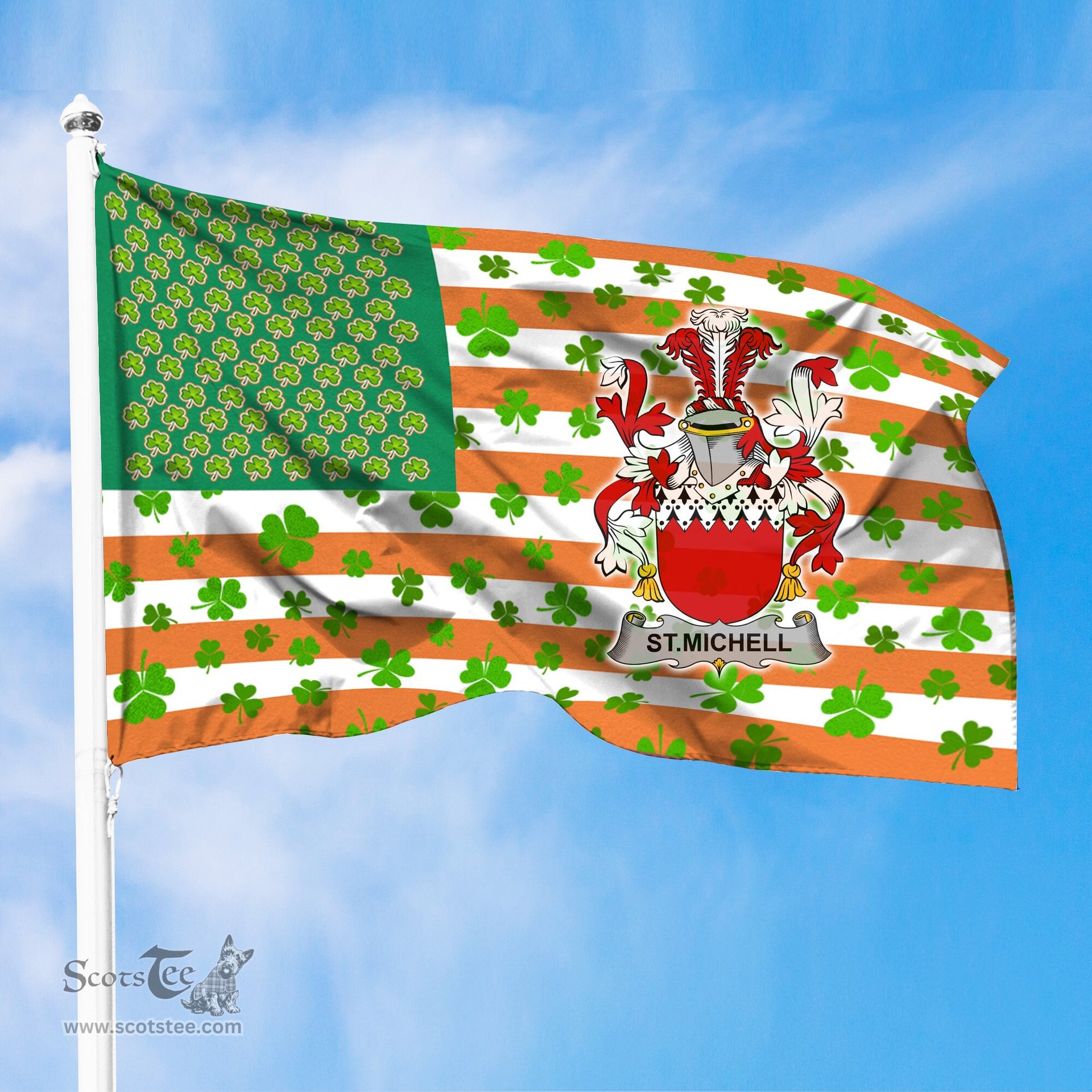 ScotsTee Shop Irish St.Michell Coat of Arms Irish Family Crest Flag Shamrock American Irish Flag
