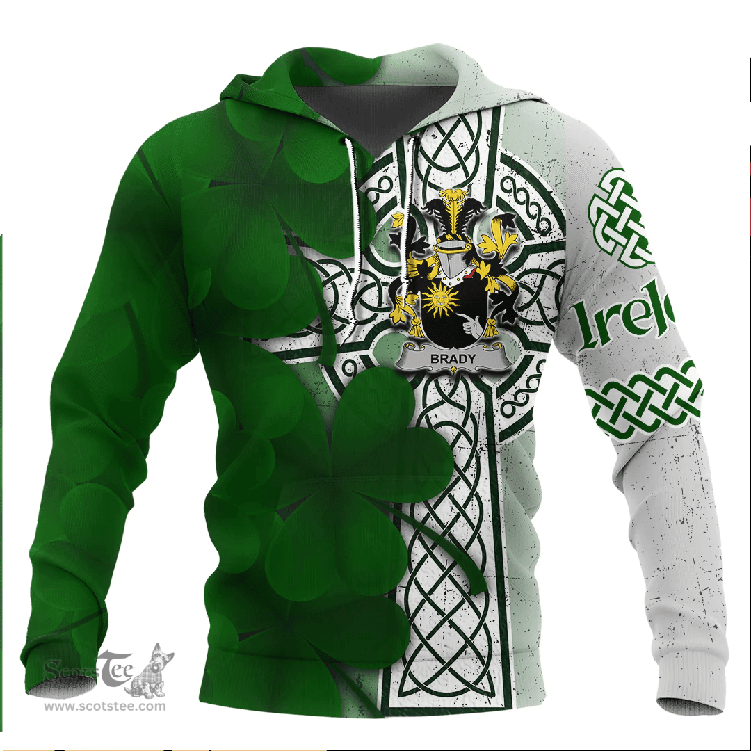 ScotsTee Shop Irish Brady or McBrady Coat of Arms Irish Family Crest Hoodie Irish Shamrock Celtic Cross Hoodie