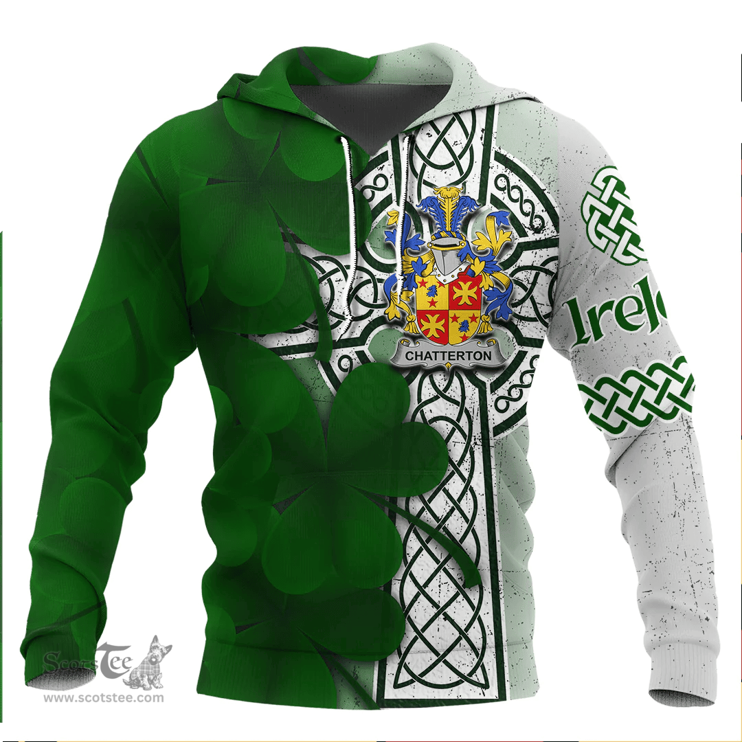 ScotsTee Shop Irish Chatterton Coat of Arms Irish Family Crest Hoodie Irish Shamrock Celtic Cross Hoodie