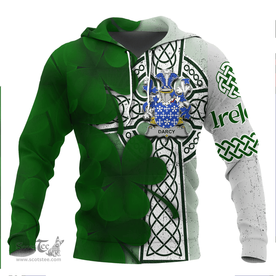 ScotsTee Shop Irish Darcy or Dorsey Coat of Arms Irish Family Crest Hoodie Irish Shamrock Celtic Cross Hoodie