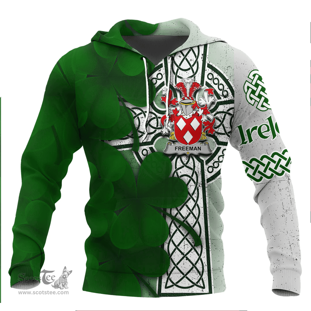 ScotsTee Shop Irish Freeman Coat of Arms Irish Family Crest Hoodie Irish Shamrock Celtic Cross Hoodie