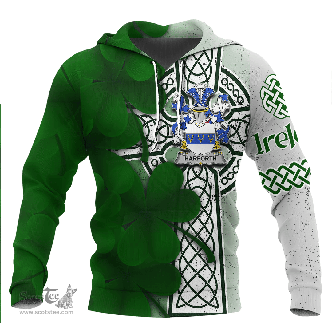 ScotsTee Shop Irish Harforth Coat of Arms Irish Family Crest Hoodie Irish Shamrock Celtic Cross Hoodie