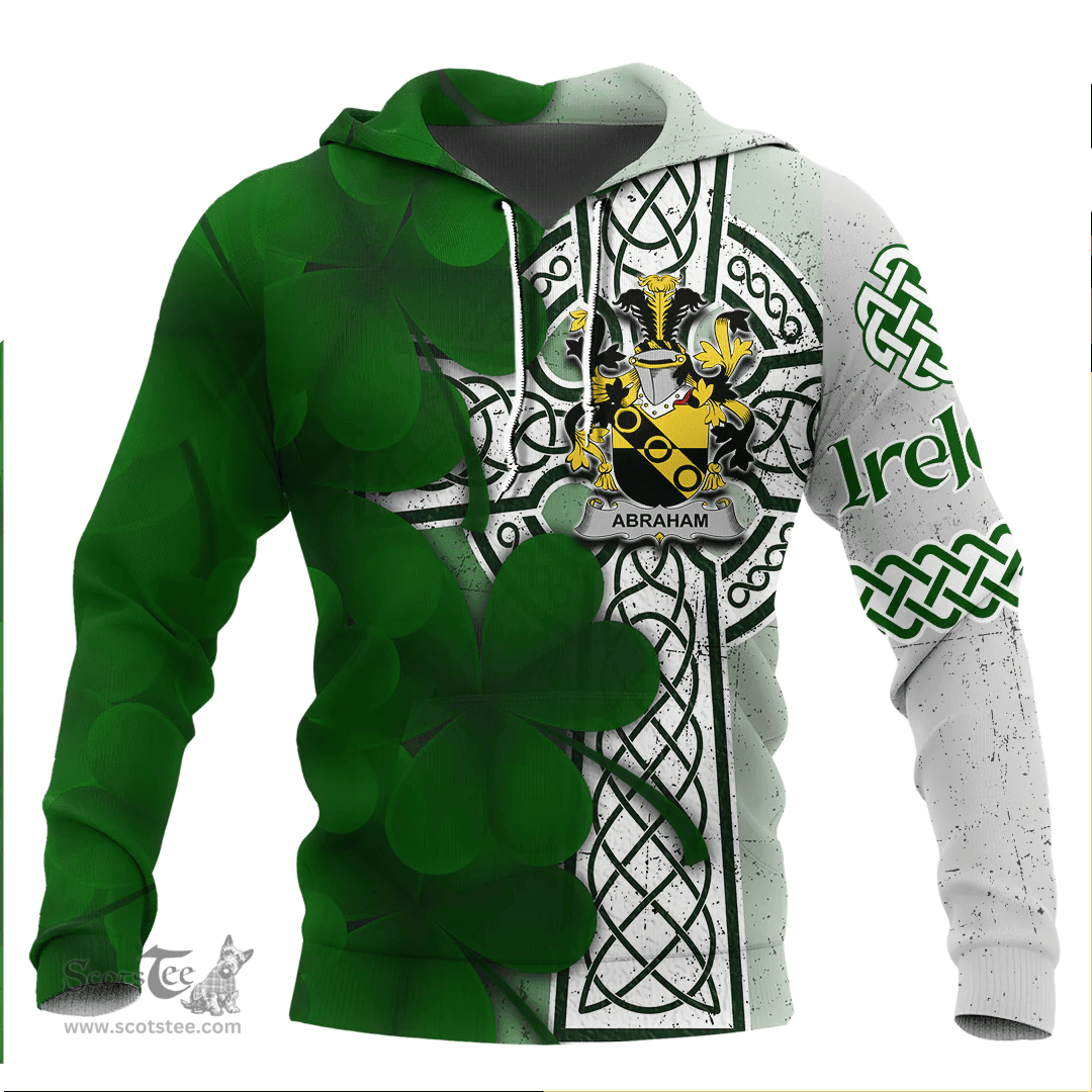 ScotsTee Shop Irish Abraham Coat of Arms Irish Family Crest Hoodie Irish Shamrock Celtic Cross Hoodie