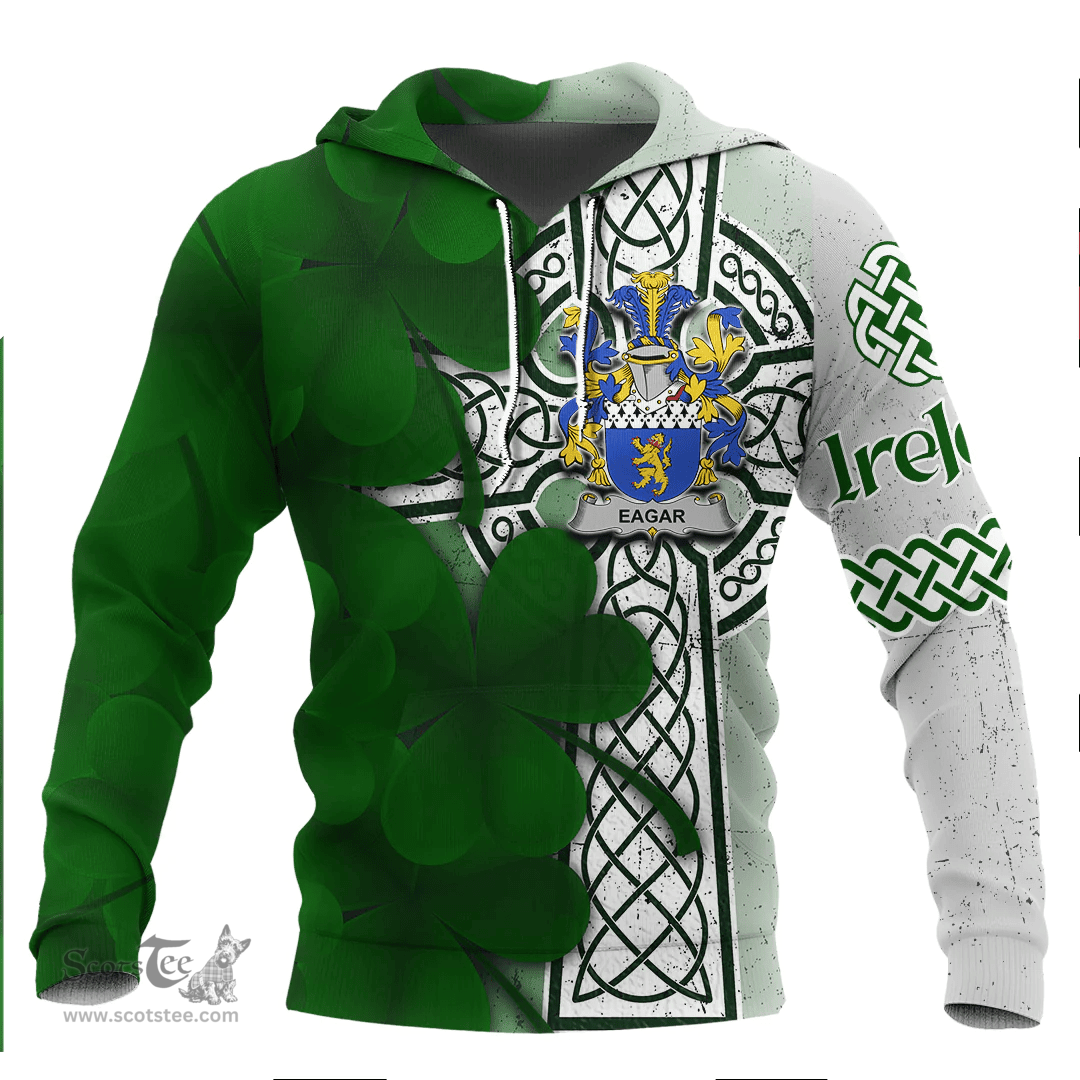 ScotsTee Shop Irish Eagar Coat of Arms Irish Family Crest Hoodie Irish Shamrock Celtic Cross Hoodie