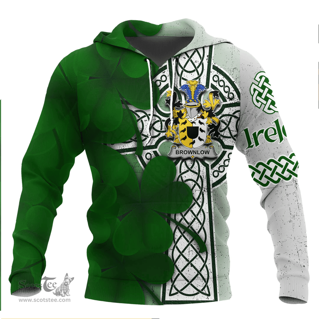 ScotsTee Shop Irish Brownlow Coat of Arms Irish Family Crest Hoodie Irish Shamrock Celtic Cross Hoodie