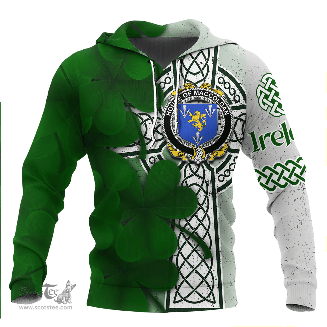 ScotsTee Shop Irish House of MACCOLGAN Coat of Arms Irish Family Crest Hoodie Irish Shamrock Celtic Cross Hoodie