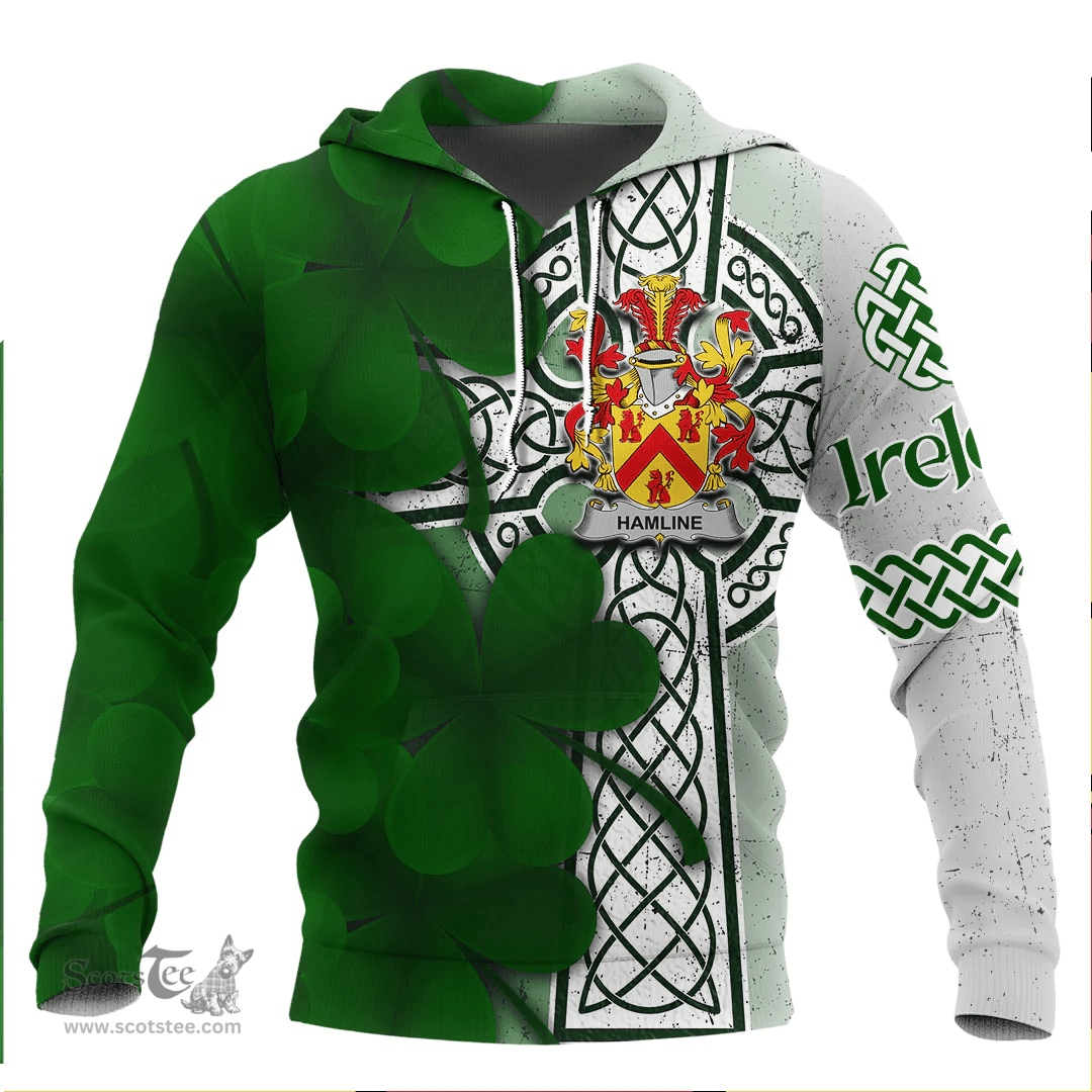 ScotsTee Shop Irish Hamline Coat of Arms Irish Family Crest Hoodie Irish Shamrock Celtic Cross Hoodie