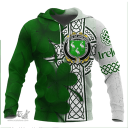 ScotsTee Shop Irish House of AHEARNE (Aherne) Coat of Arms Irish Family Crest Hoodie Irish Shamrock Celtic Cross Hoodie