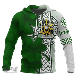 ScotsTee Shop Irish Hopkins Coat of Arms Irish Family Crest Hoodie Irish Shamrock Celtic Cross Hoodie