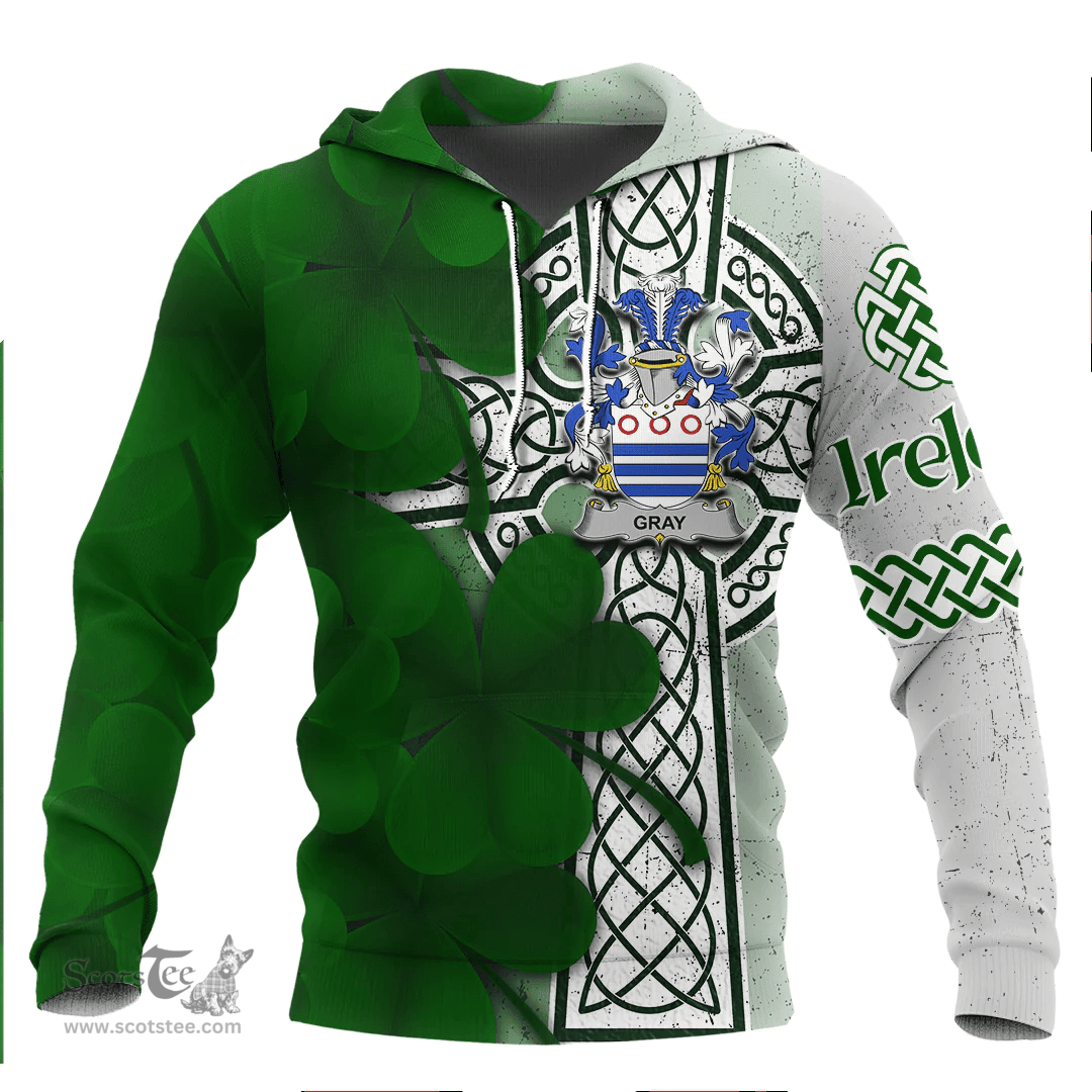 ScotsTee Shop Irish Gray Coat of Arms Irish Family Crest Hoodie Irish Shamrock Celtic Cross Hoodie