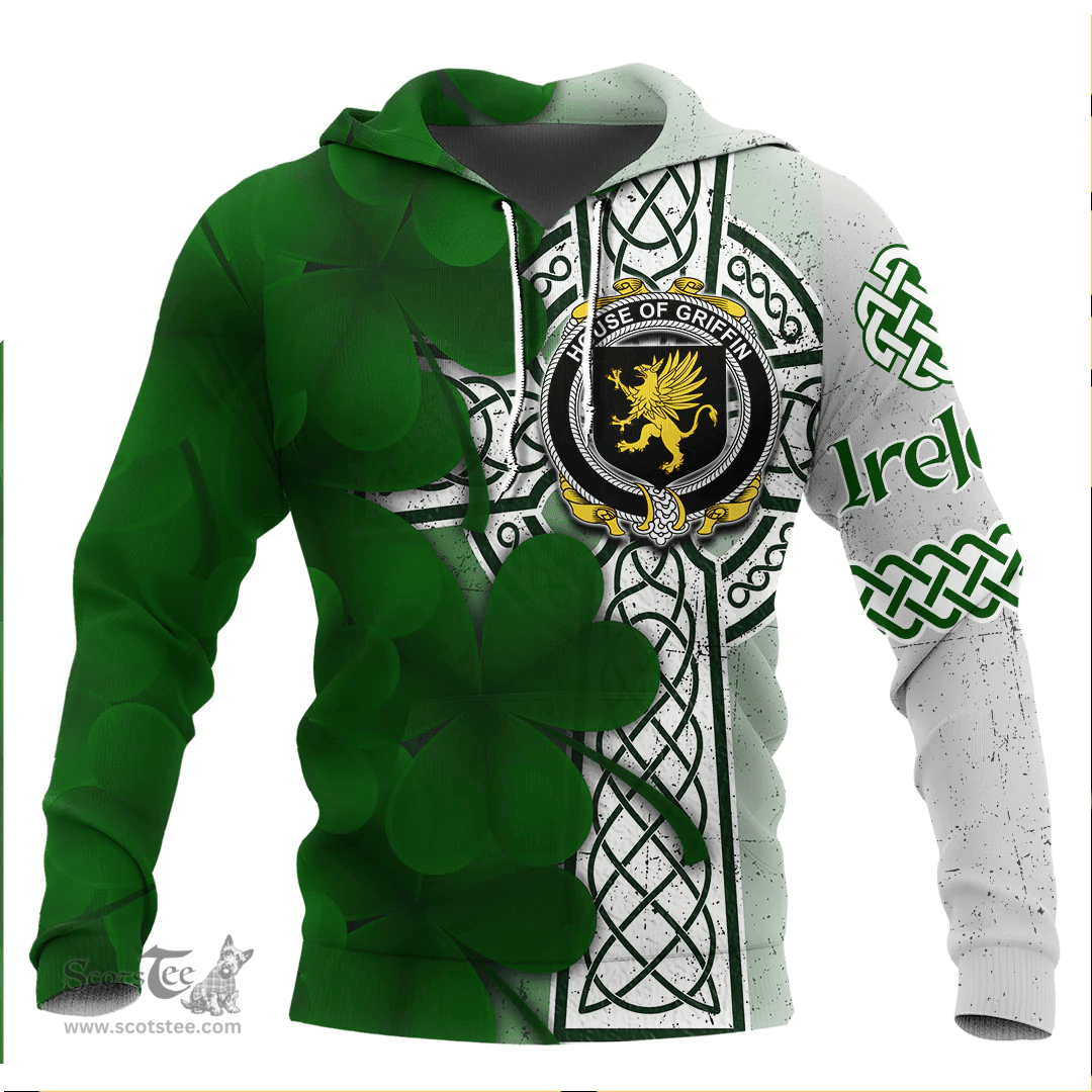 ScotsTee Shop Irish House of GRIFFIN Coat of Arms Irish Family Crest Hoodie Irish Shamrock Celtic Cross Hoodie
