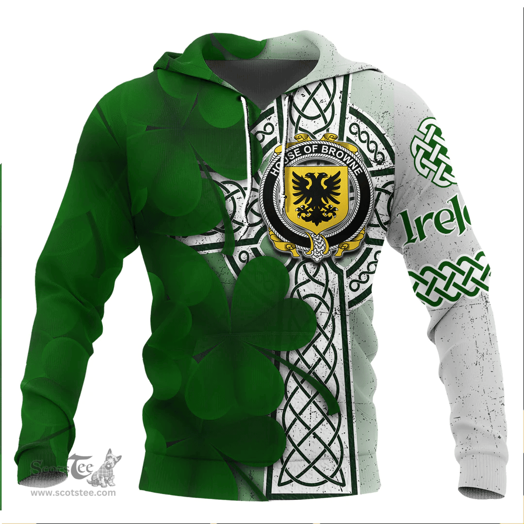 ScotsTee Shop Irish House of BROWNE Coat of Arms Irish Family Crest Hoodie Irish Shamrock Celtic Cross Hoodie