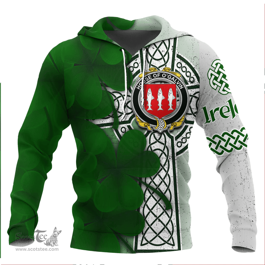 ScotsTee Shop Irish House of O GALVIN Coat of Arms Irish Family Crest Hoodie Irish Shamrock Celtic Cross Hoodie