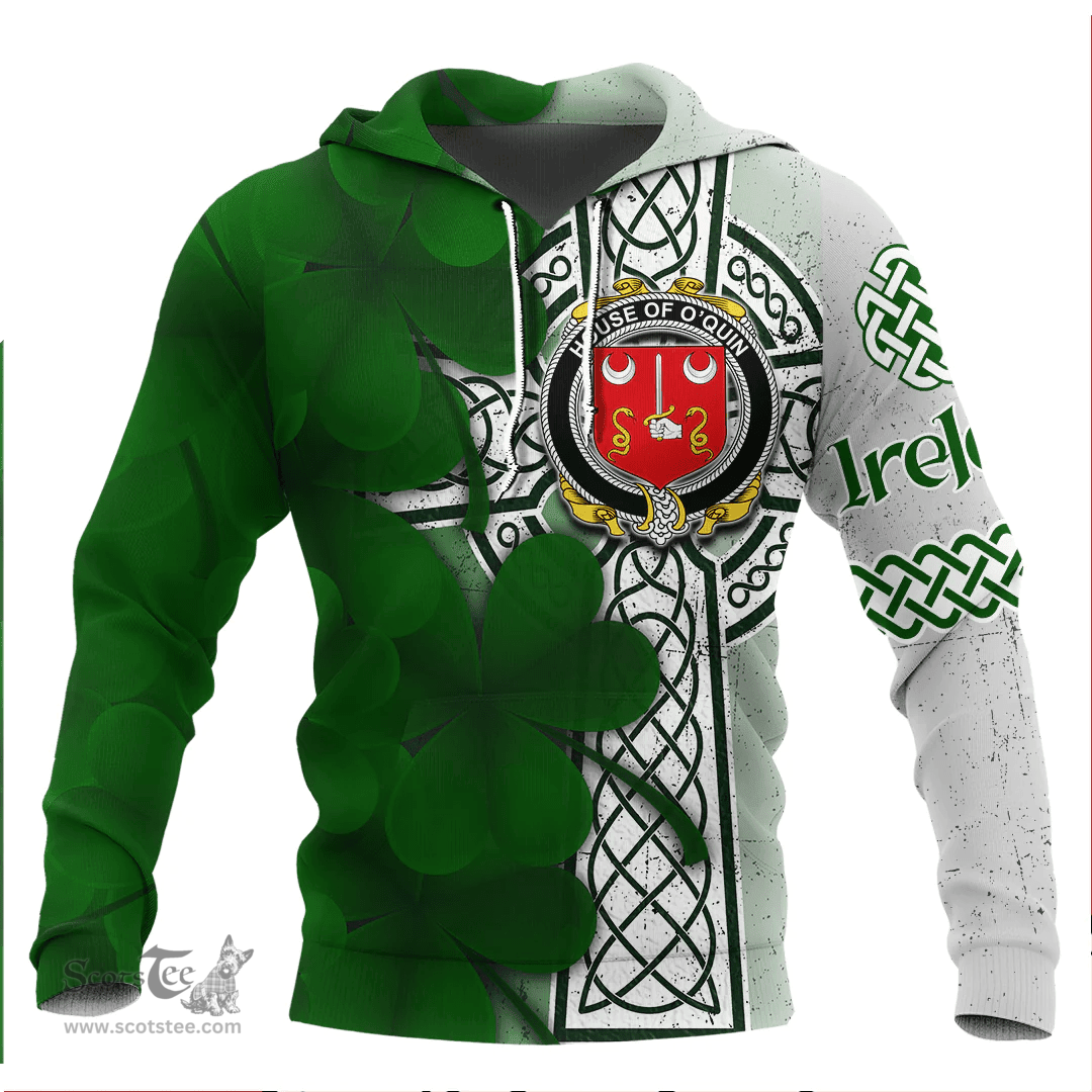 ScotsTee Shop Irish House of O QUIN (Thomond) Coat of Arms Irish Family Crest Hoodie Irish Shamrock Celtic Cross Hoodie
