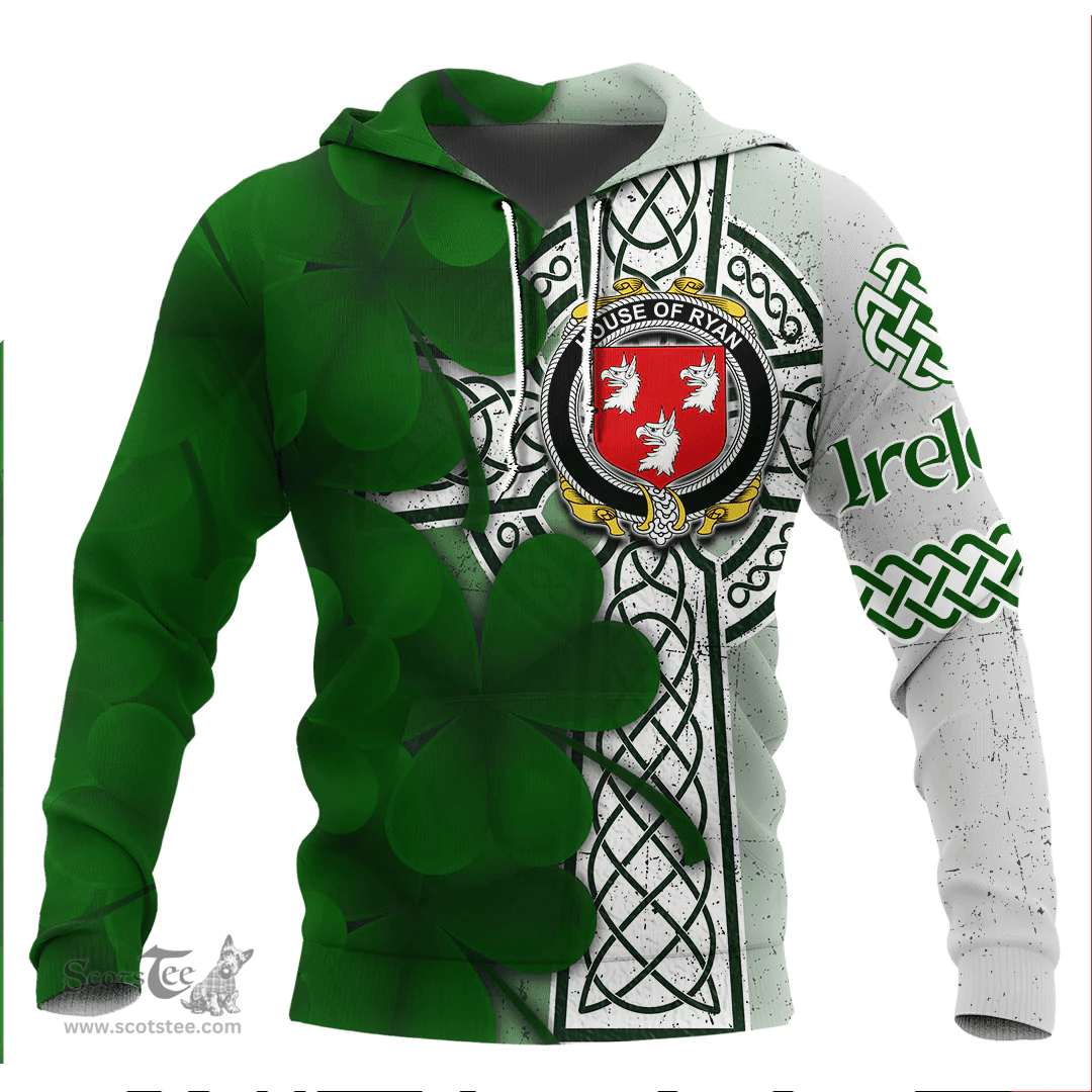 ScotsTee Shop Irish House of RYAN (O Mulrian) Coat of Arms Irish Family Crest Hoodie Irish Shamrock Celtic Cross Hoodie